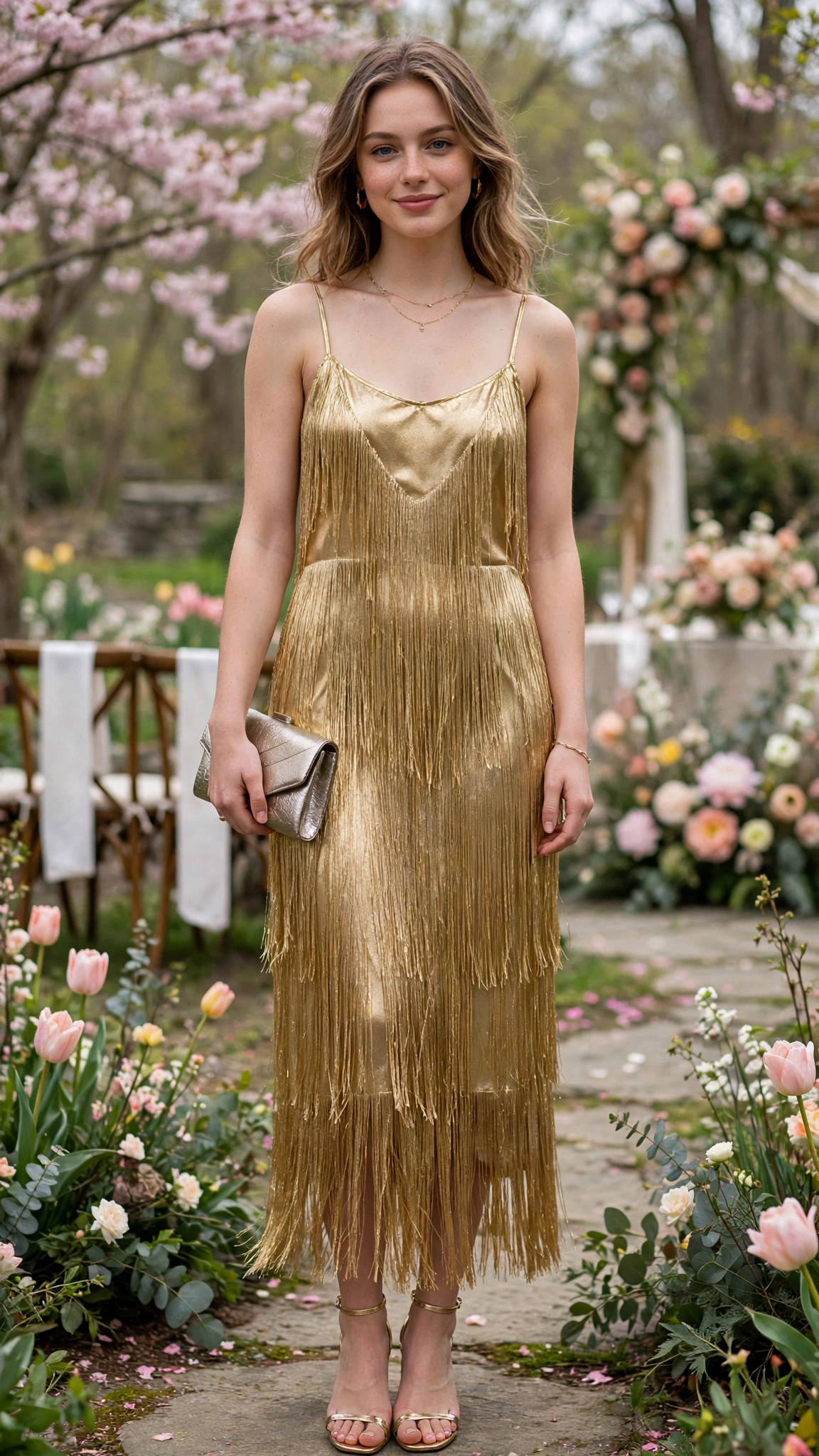 Gold fringe slip dress with a metallic clutch