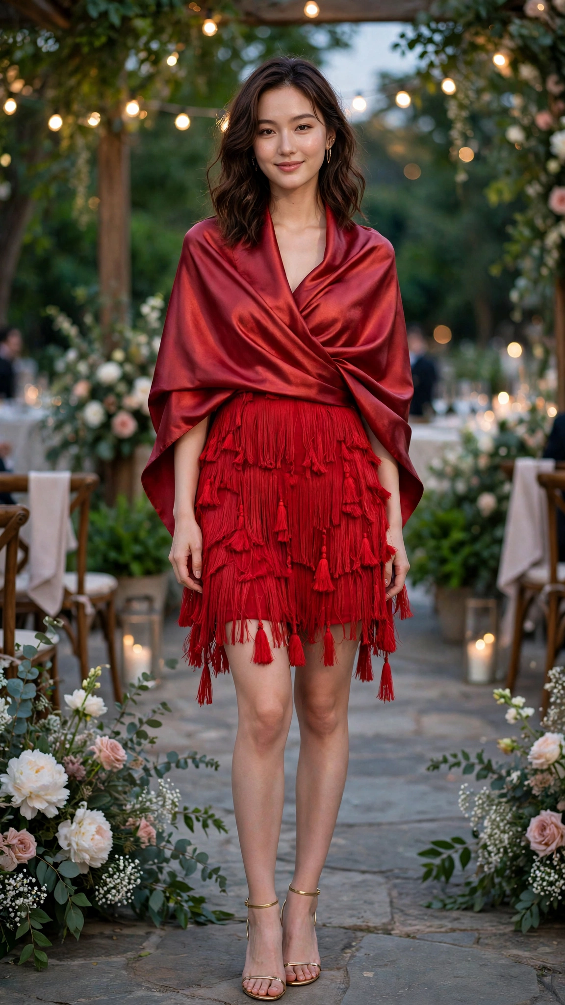 Red fringe shift dress with a satin wrap