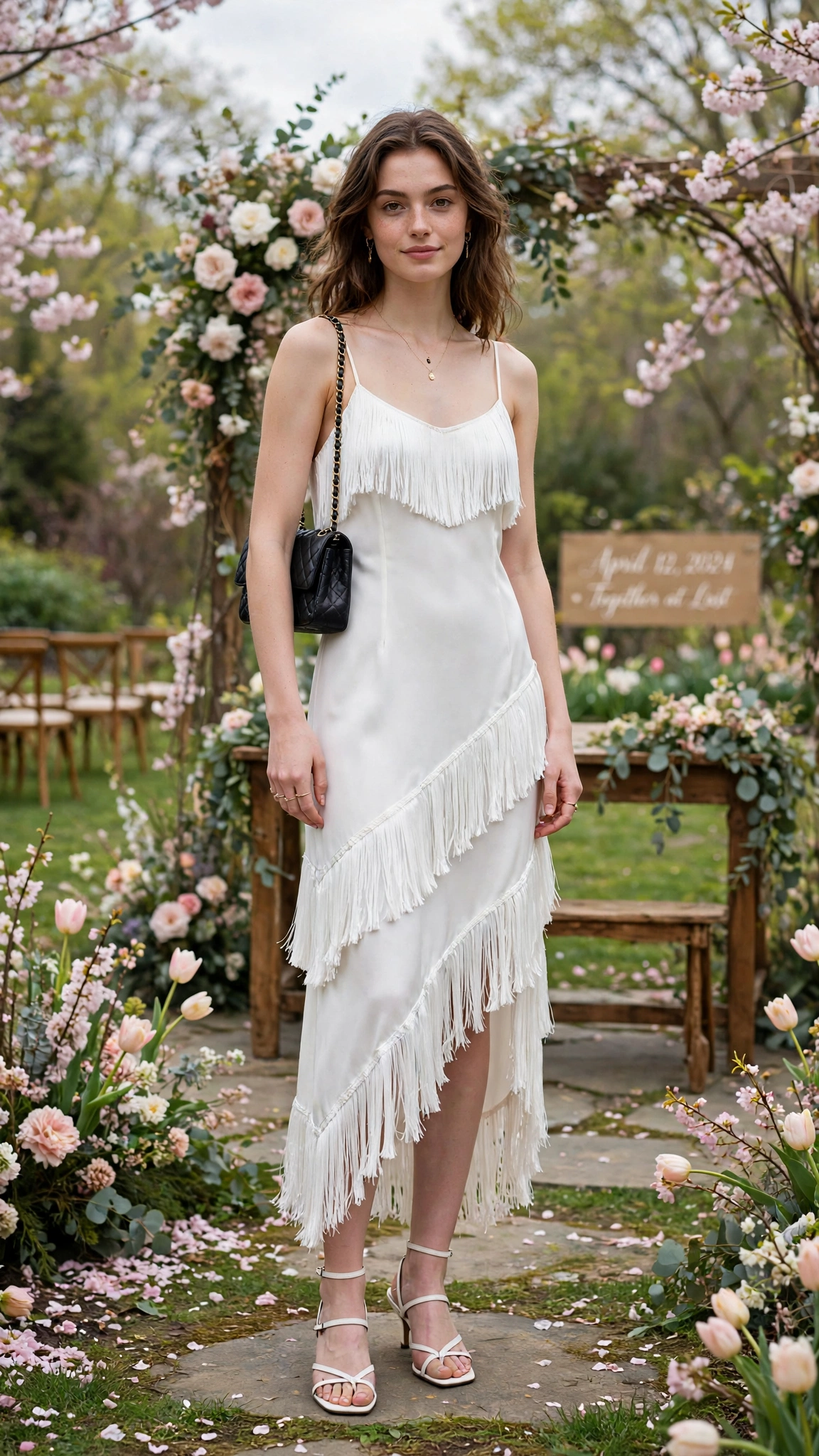 White fringe slip dress with a chain bag