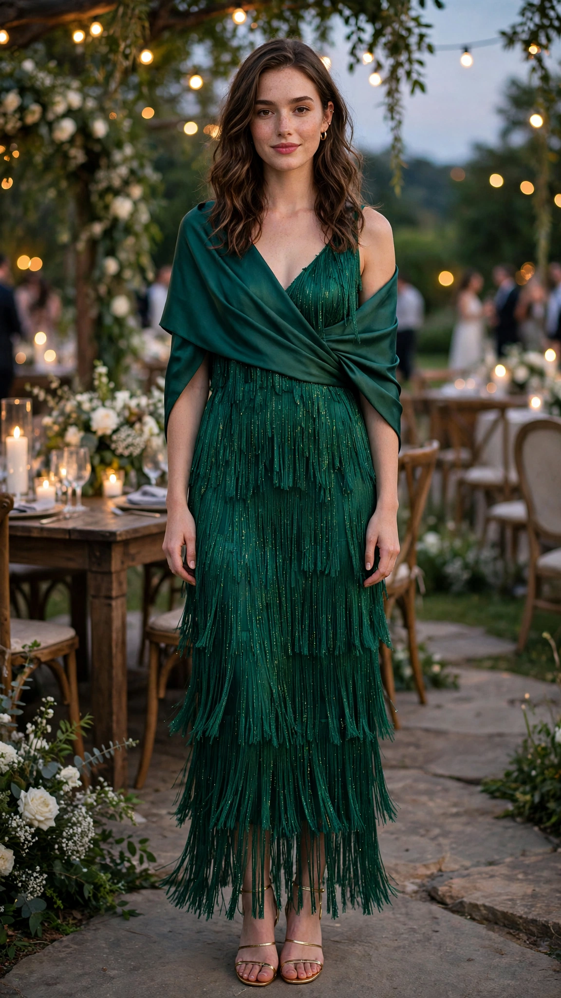 Emerald fringe cocktail dress with a satin wrap
