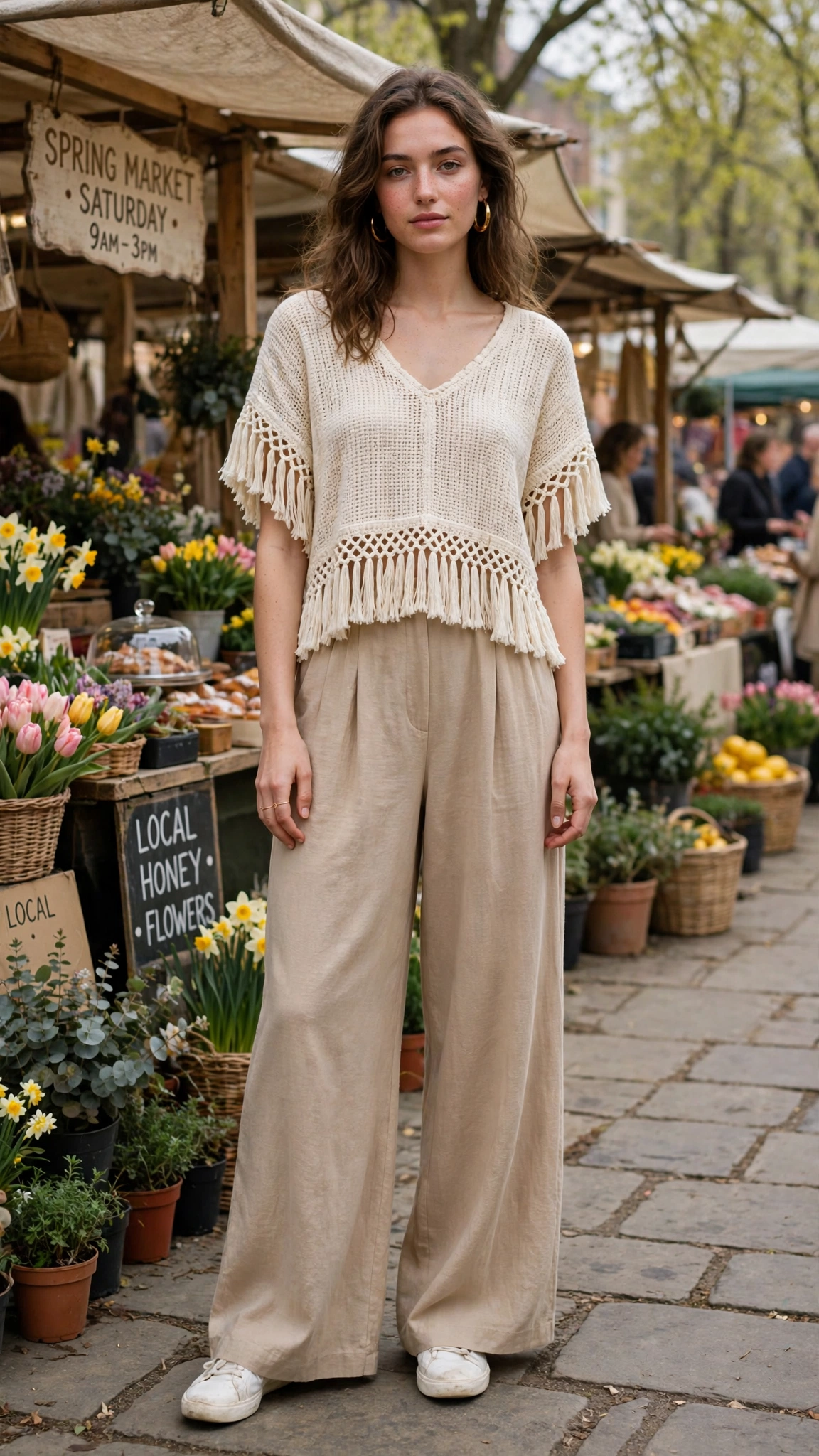 Cream fringe top and wide-leg trousers with gold hoop earrings