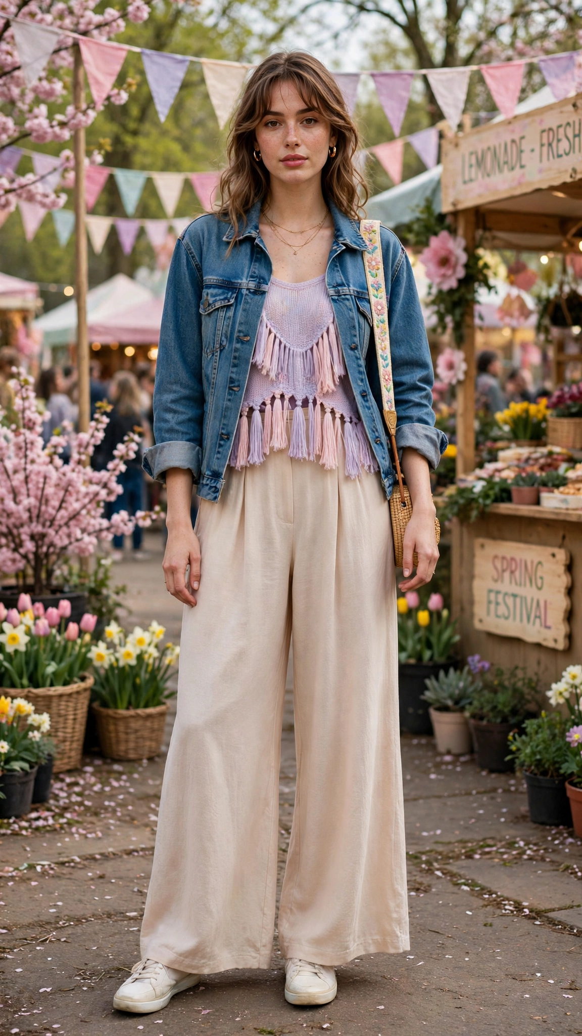 Pastel fringe top and palazzo trousers with a denim jacket