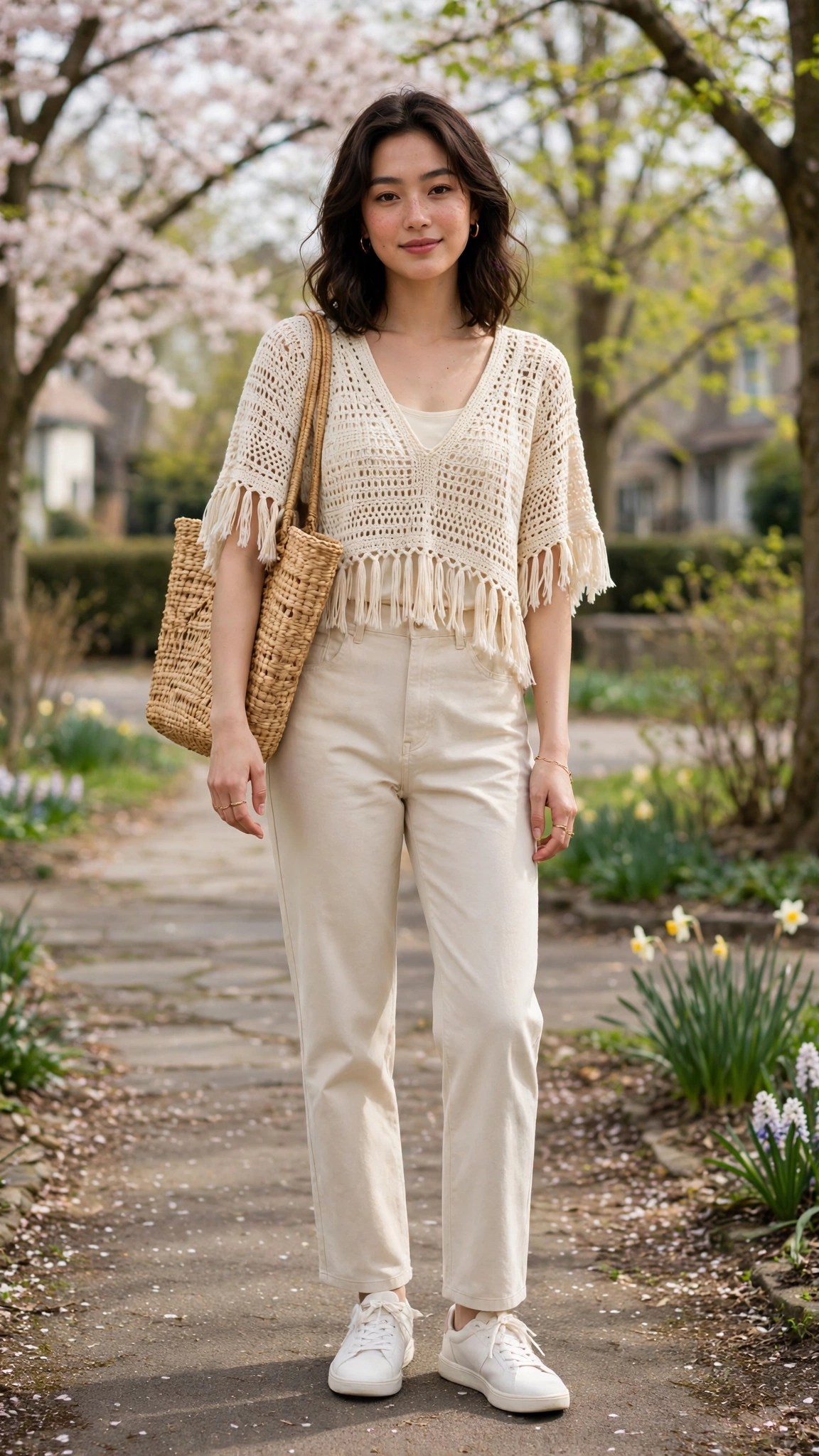 Cream fringe top and straight trousers with a woven tote