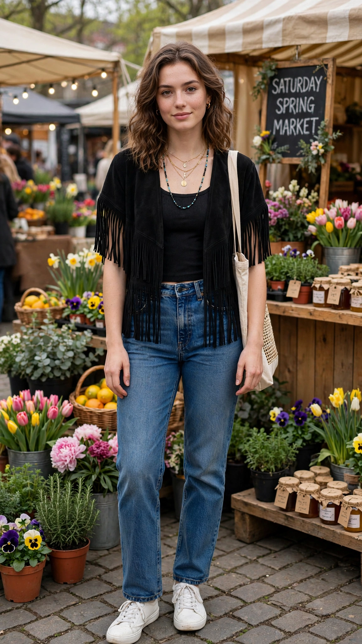 Black fringe top and jeans with layered necklaces