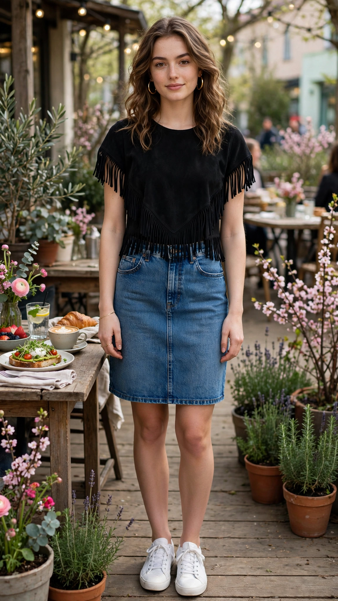 Black fringe top and denim skirt with gold hoop earrings
