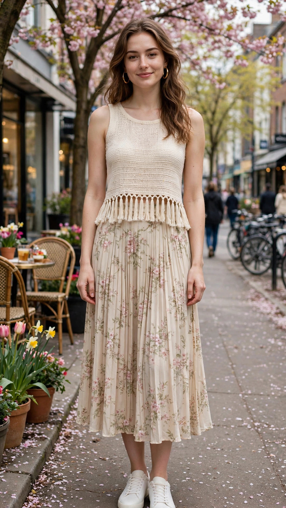 Cream fringe top and a midi skirt with gold hoop earrings