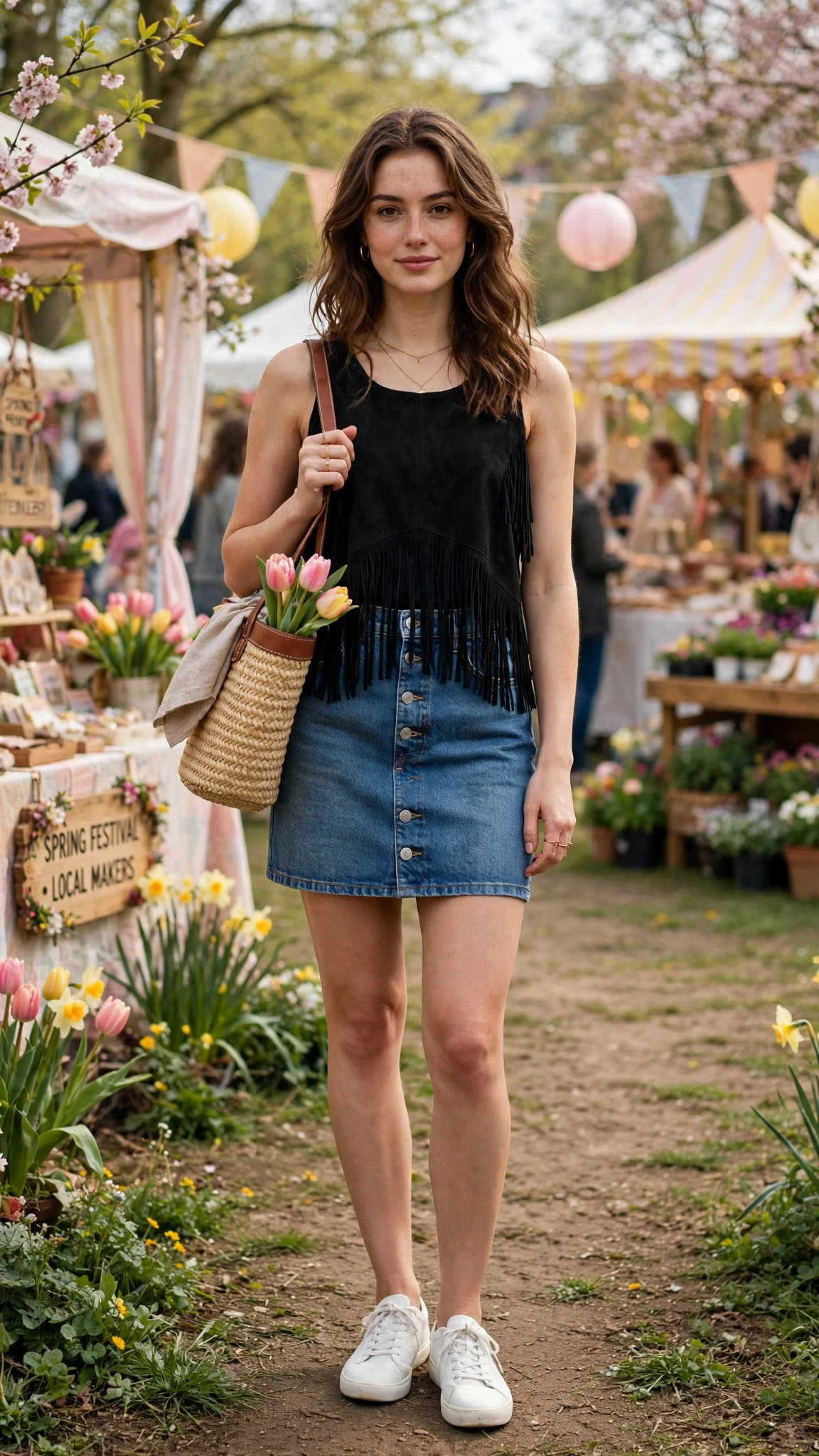 Black fringe top and denim skirt with a woven tote