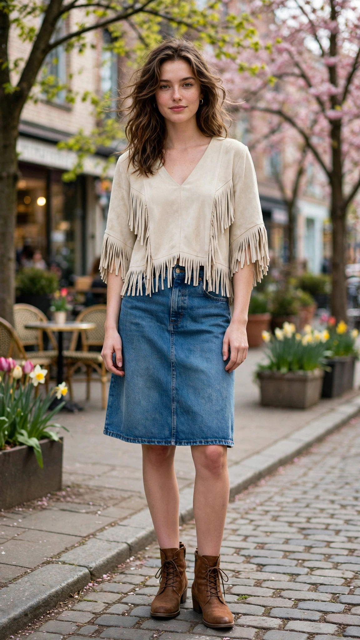 Cream fringe top and denim skirt with ankle boots