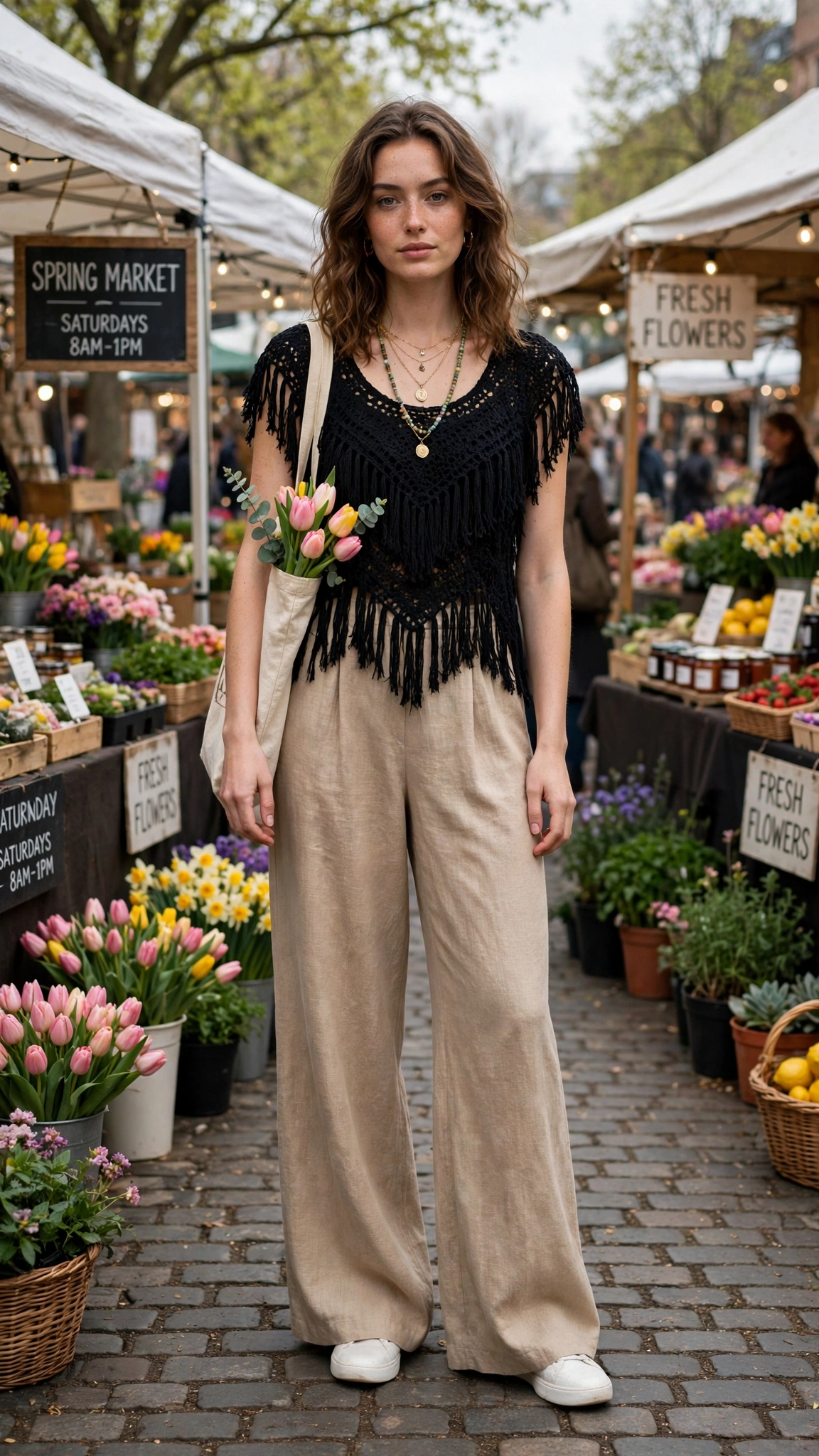 Black fringe top and wide-leg trousers with layered necklaces