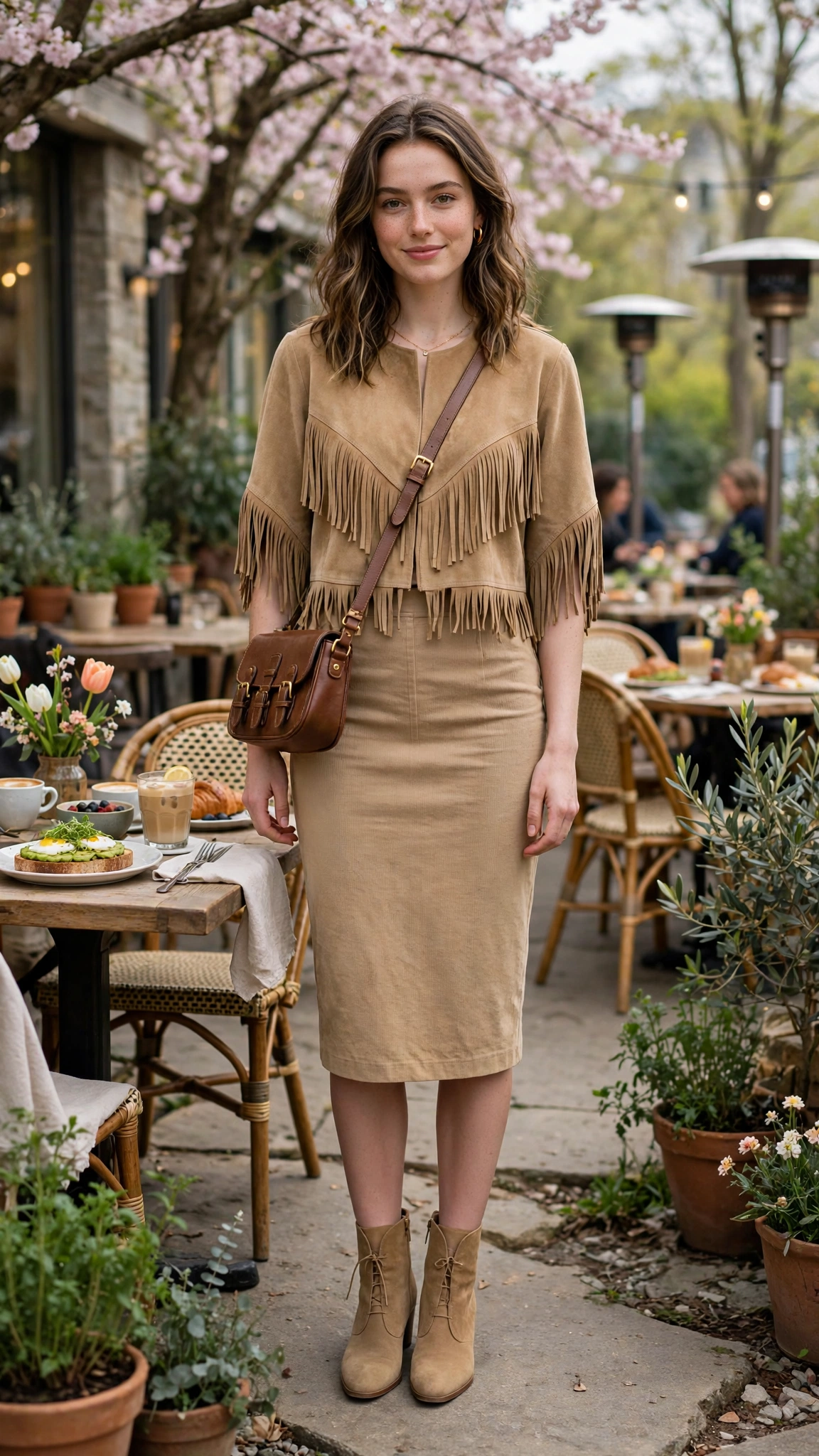 Tan fringe top and a pencil skirt with a crossbody bag
