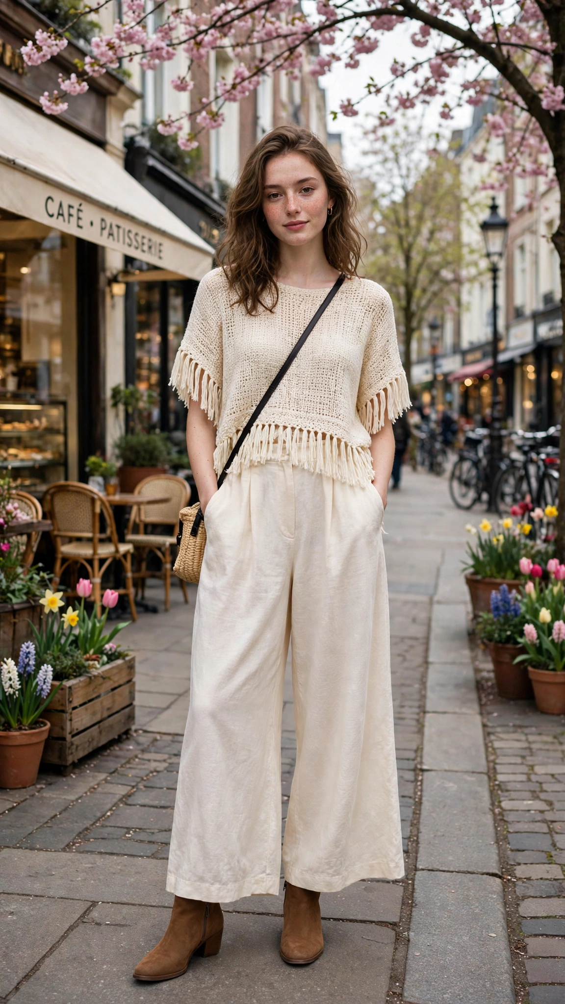 Cream fringe top and palazzo trousers with ankle boots