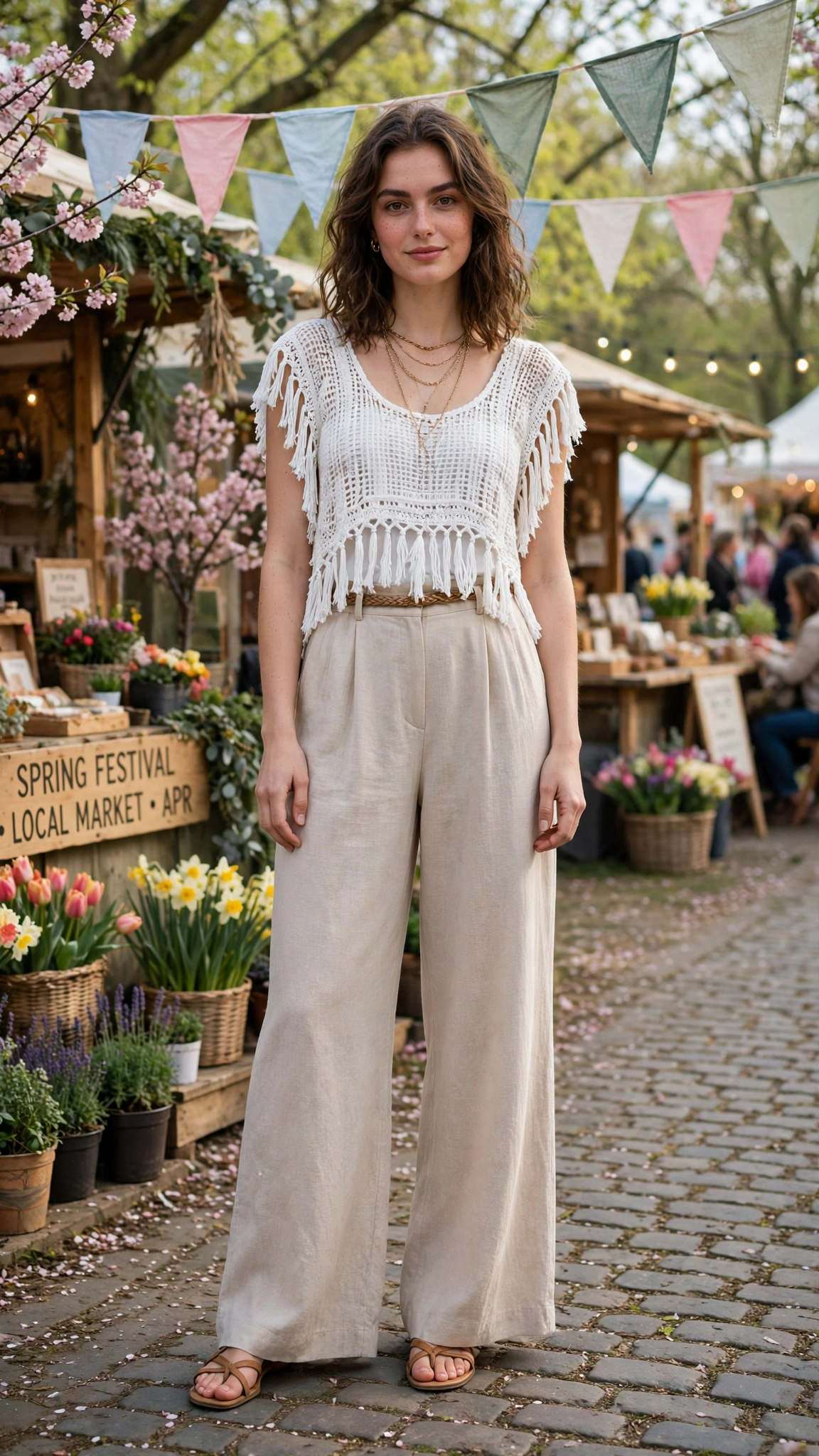 White fringe top and wide-leg trousers with layered necklaces