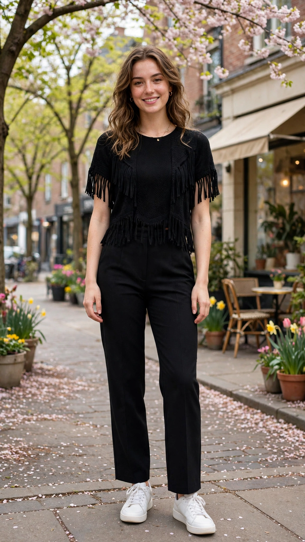 Black fringe top and straight trousers with white sneakers