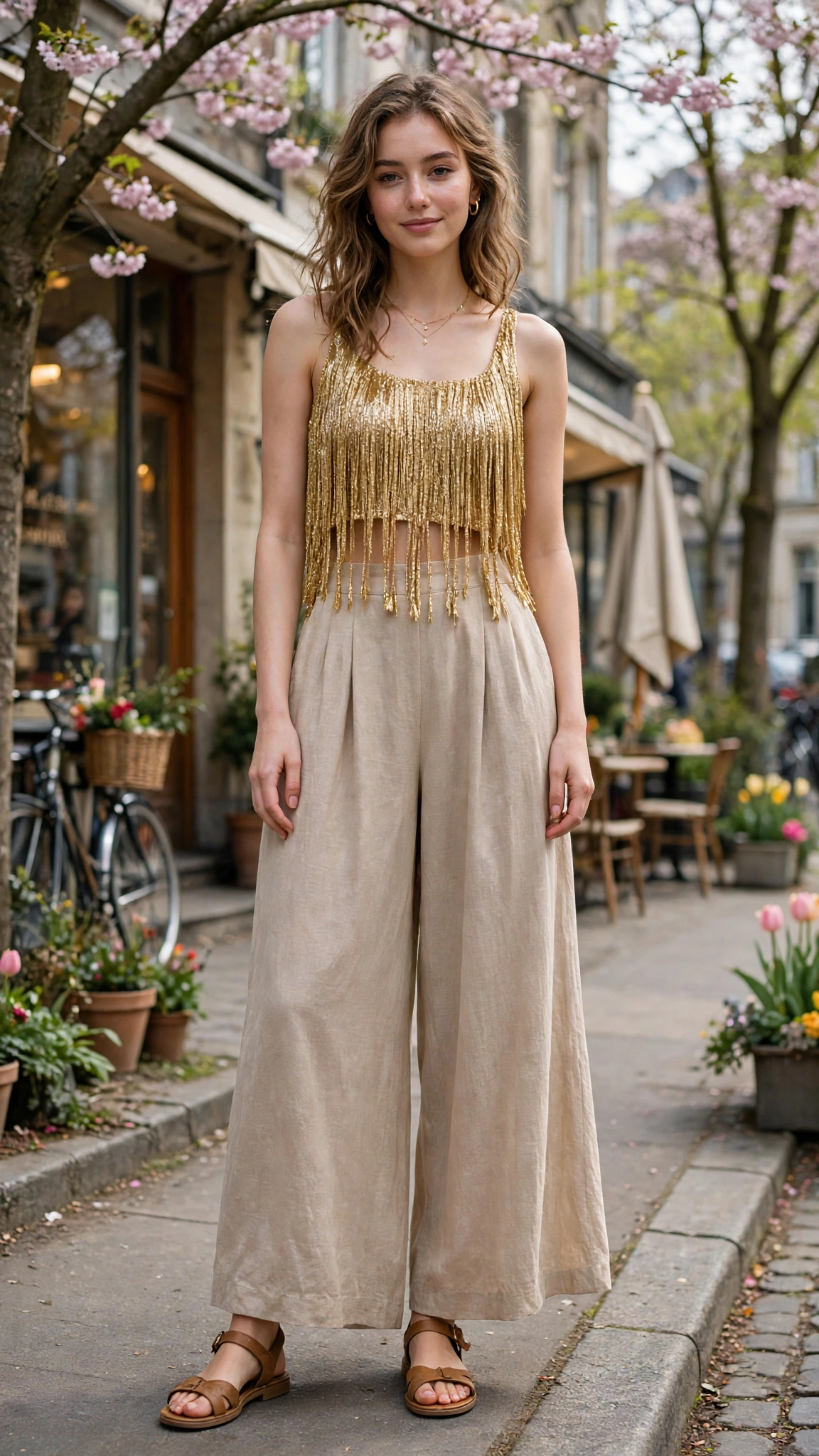 Gold fringe top and palazzo trousers with tan sandals