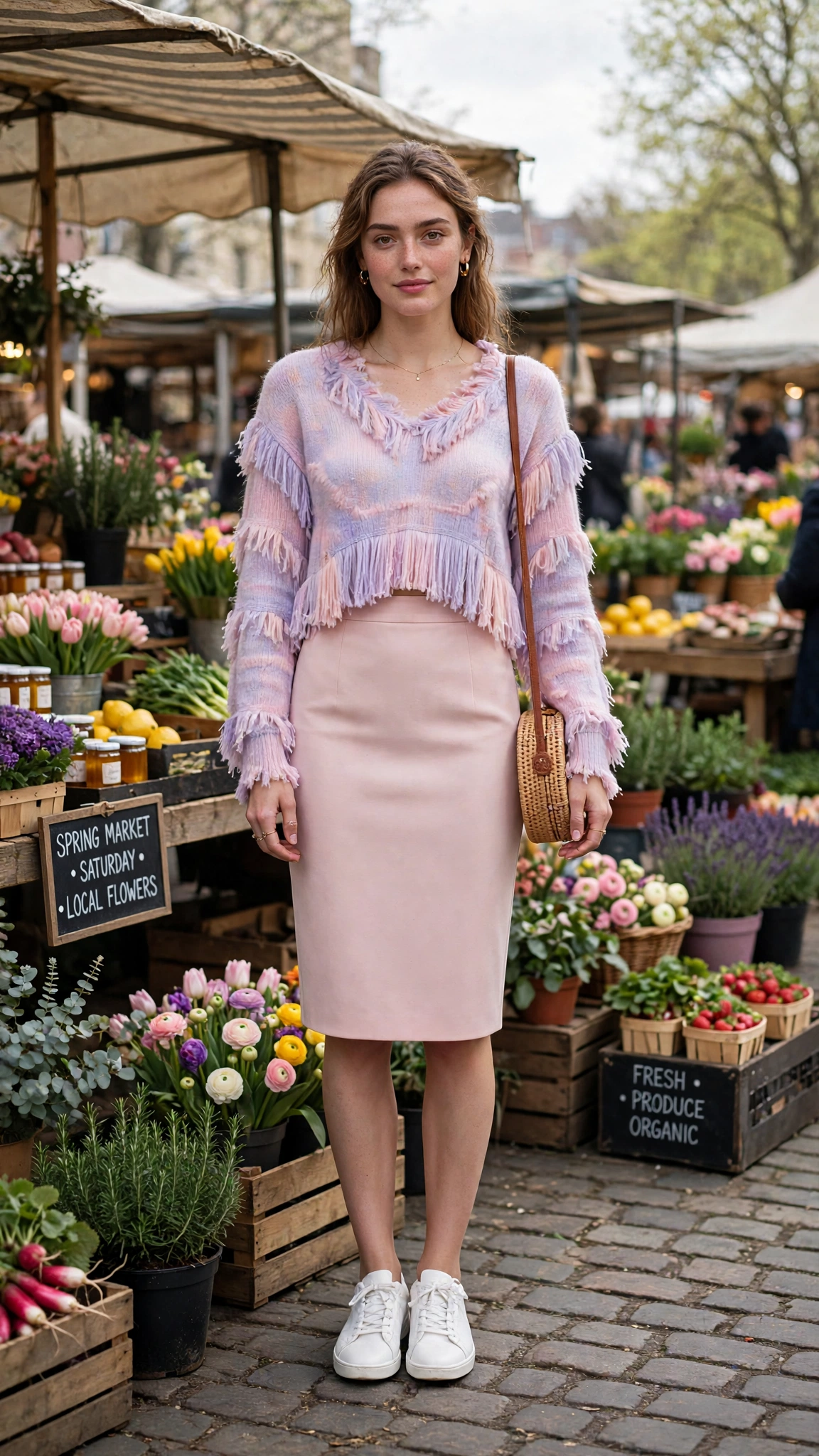 Pastel fringe top and a pencil skirt with white sneakers
