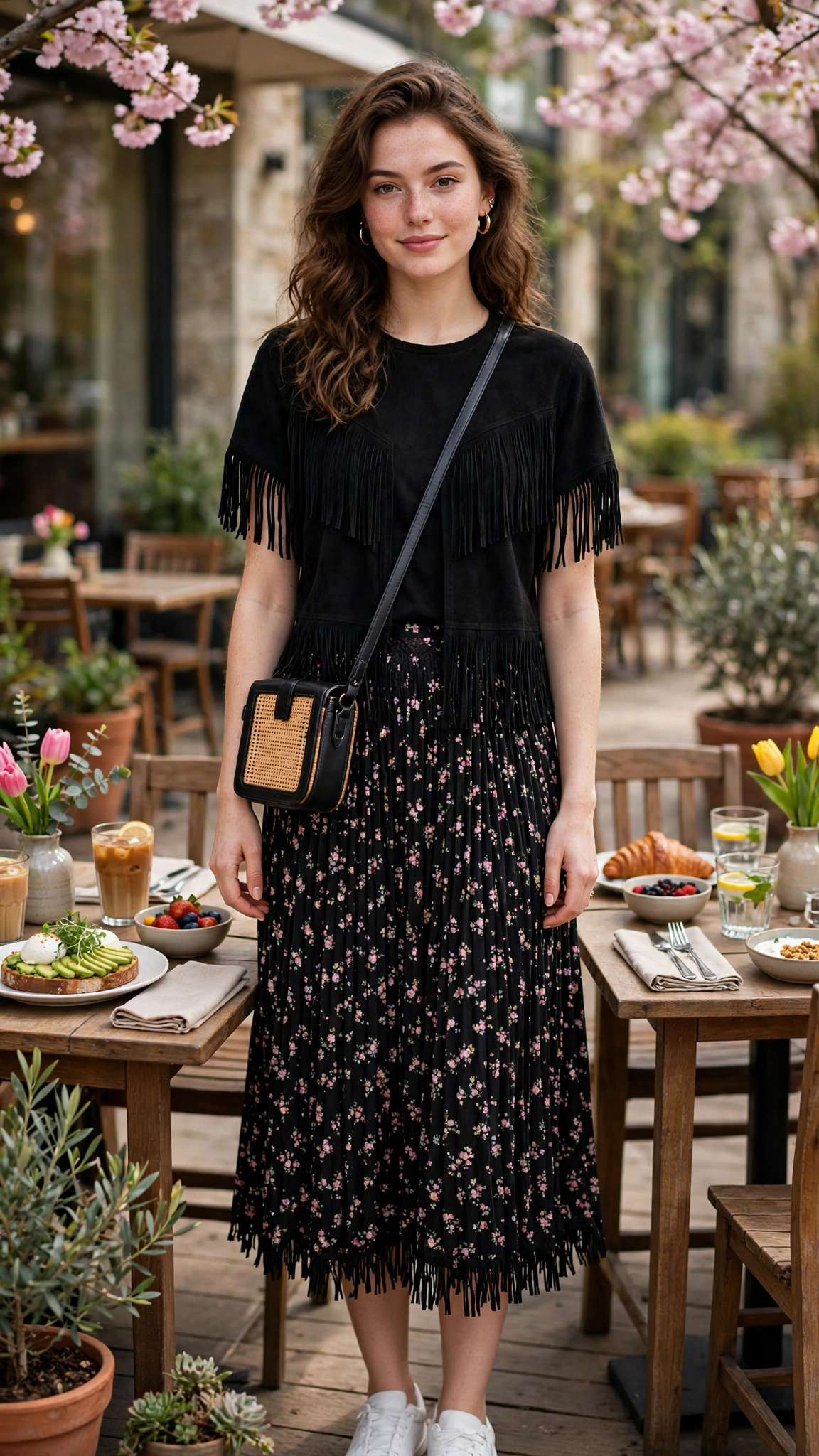 Black fringe top and a midi skirt with a crossbody bag