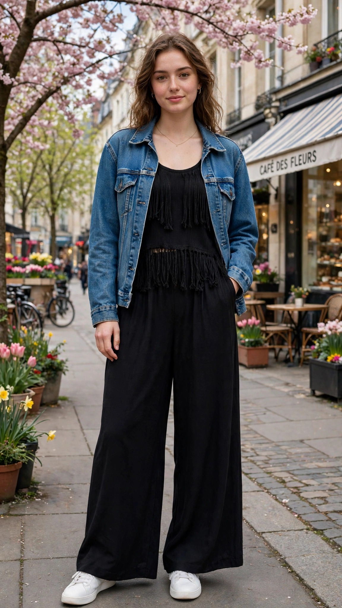Black fringe top and palazzo trousers with a denim jacket