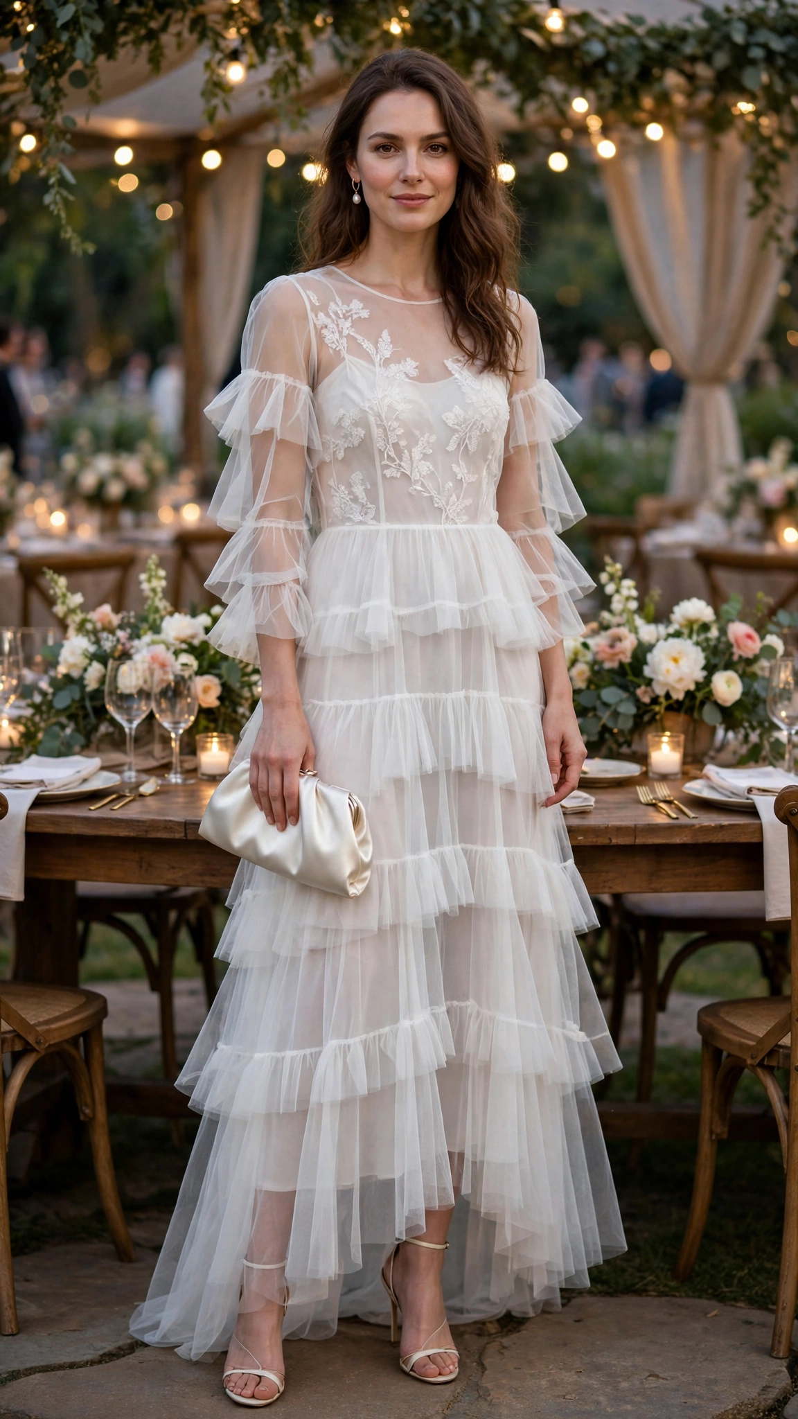White sheer tiered dress with a satin clutch