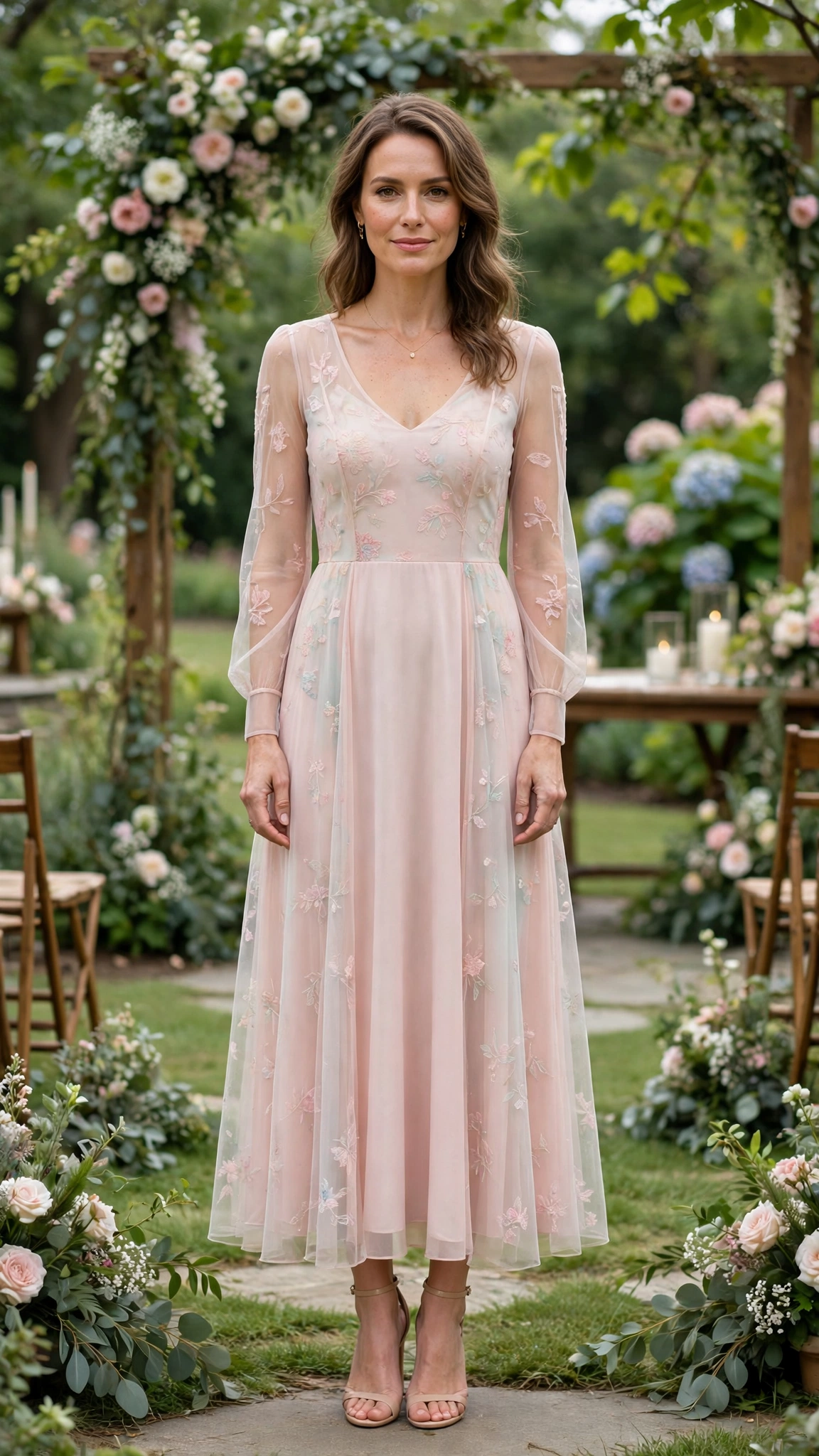 Pastel sheer sleeve dress with nude heels