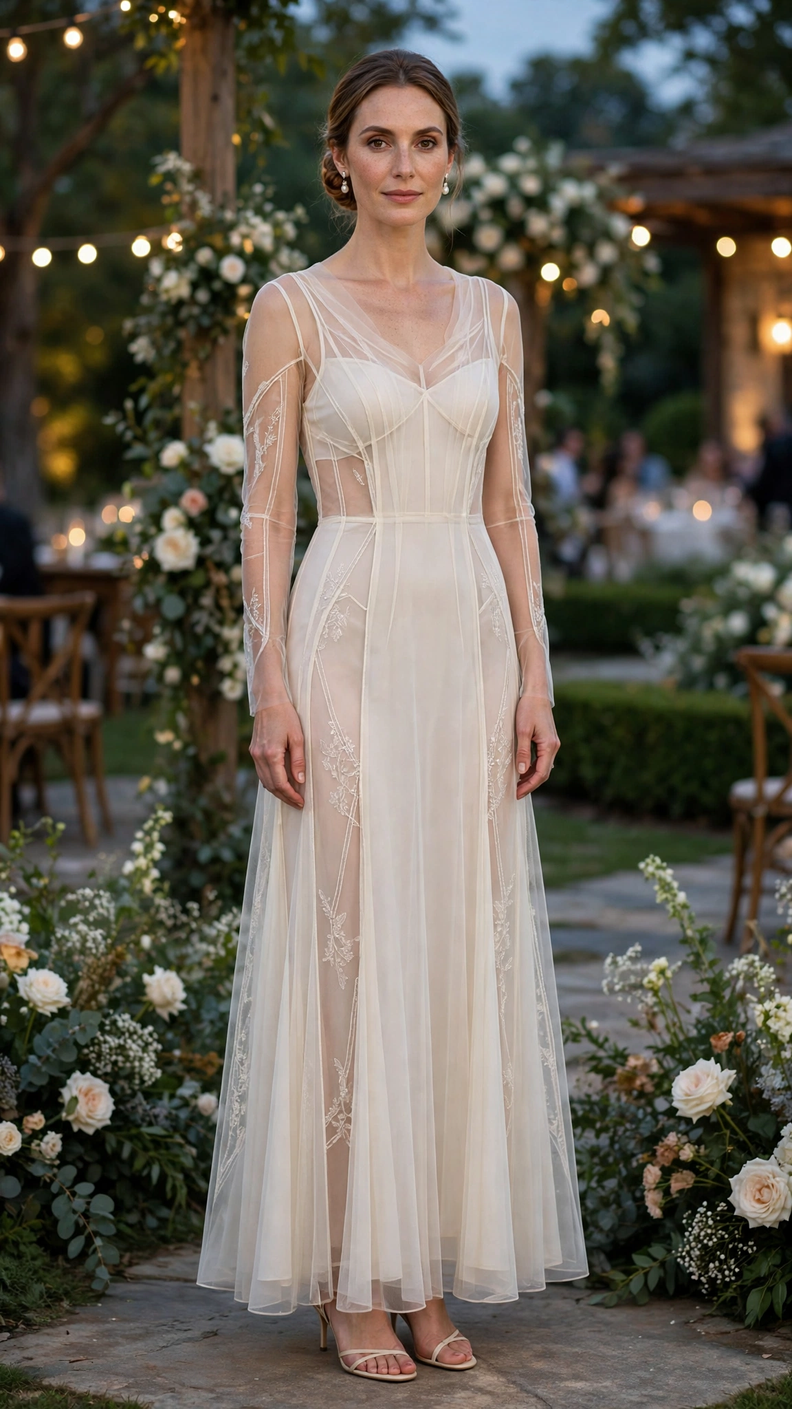 Ivory sheer panel dress with pearl earrings