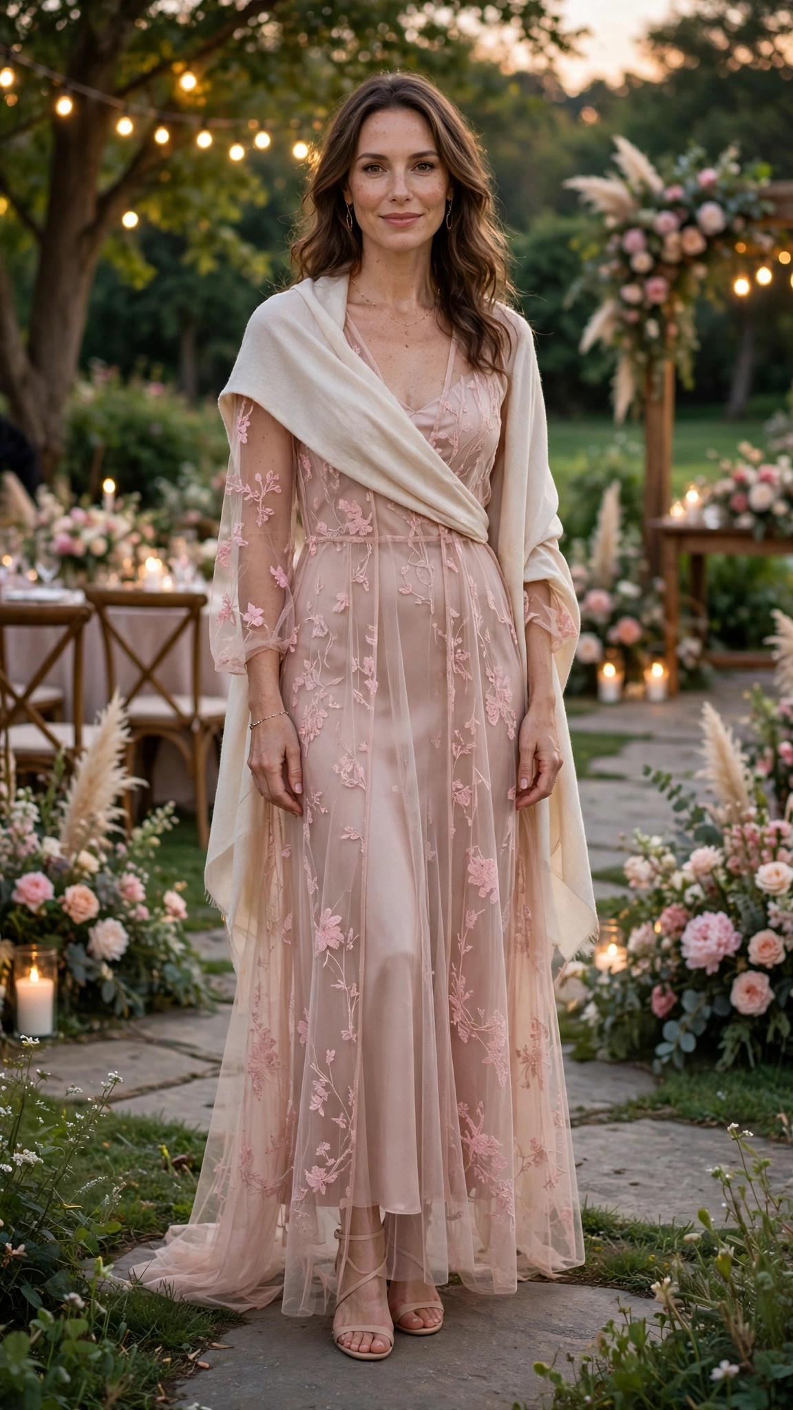 Blush sheer overlay dress with a light wrap