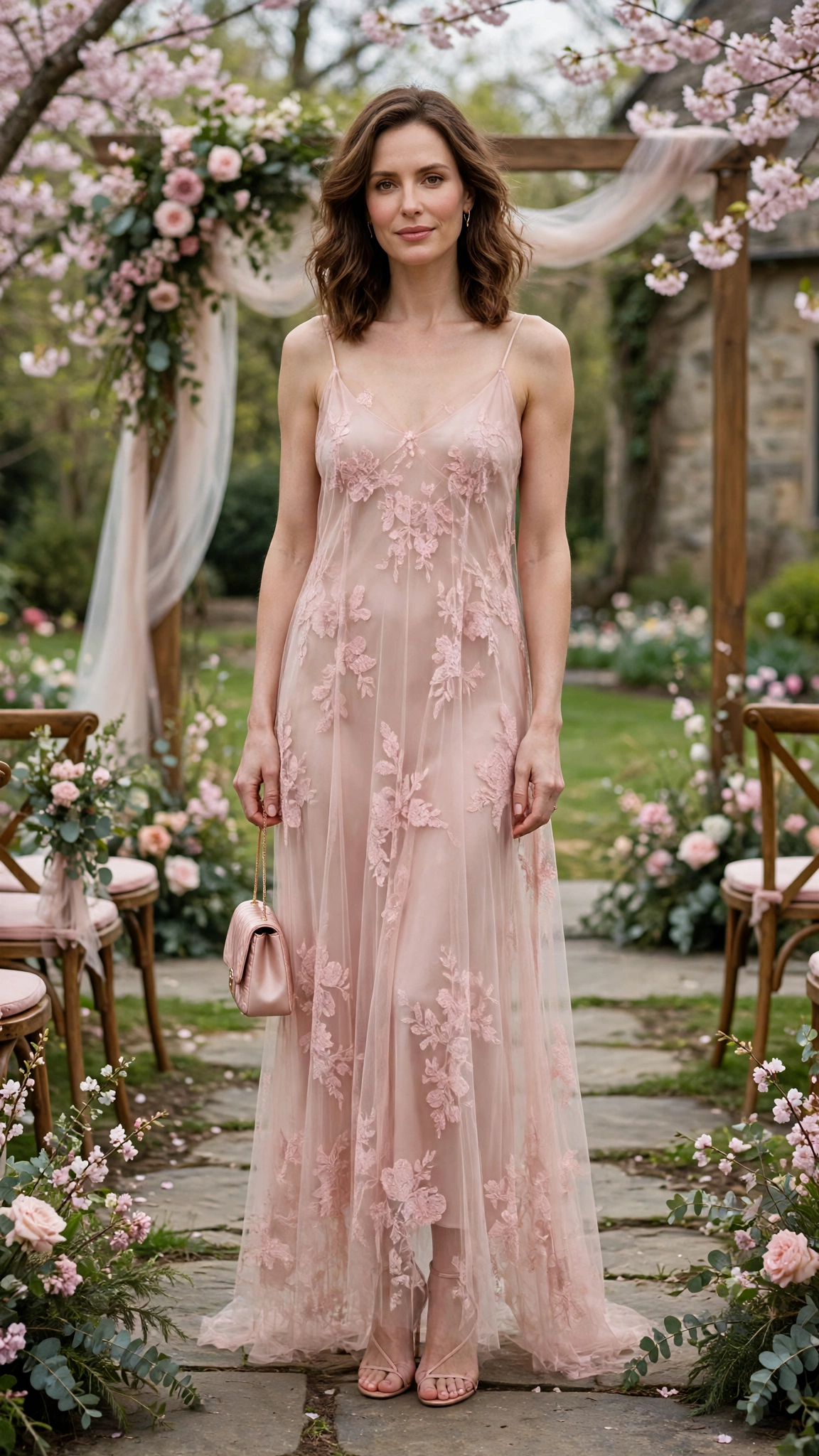 Blush sheer slip dress with an overlay and a small evening bag