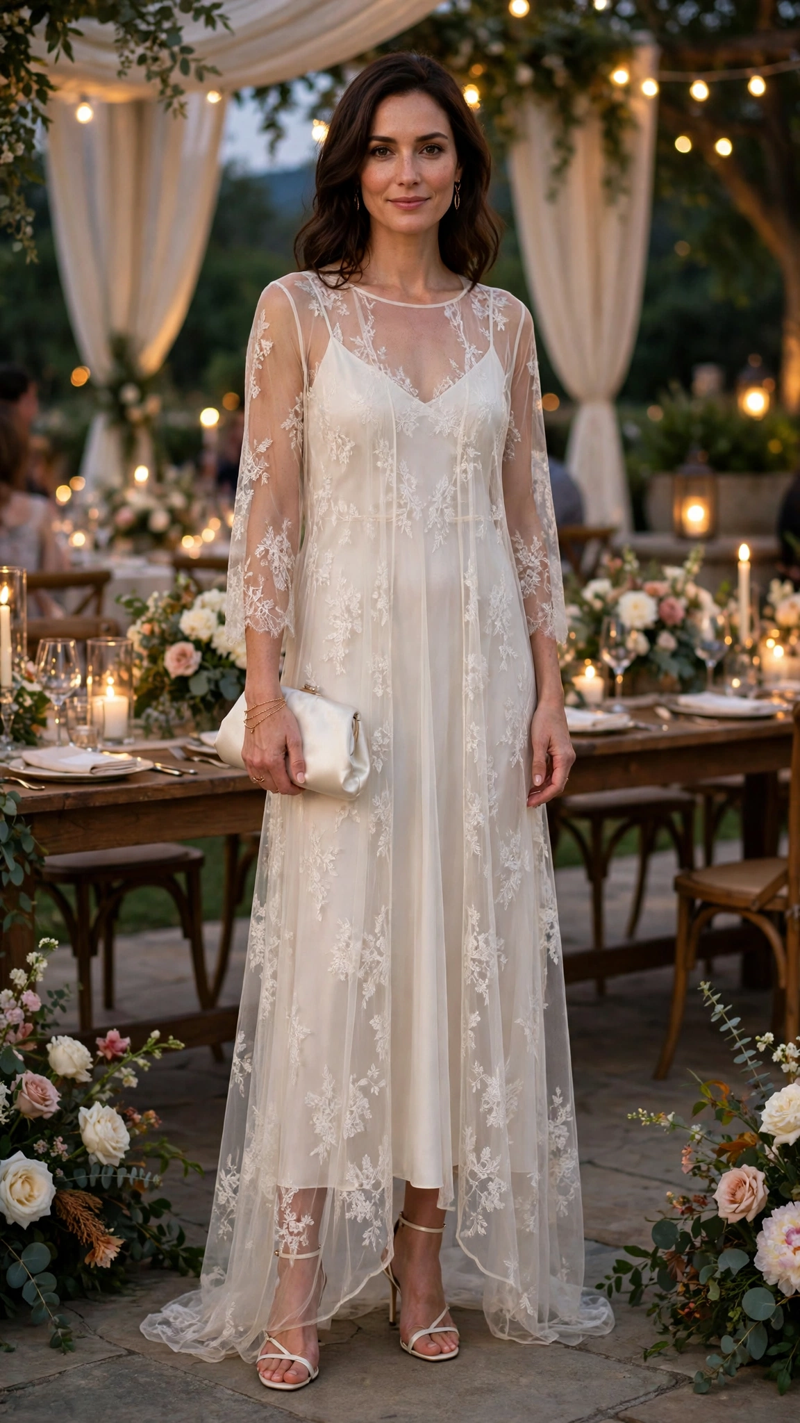Ivory sheer overlay dress with a satin clutch