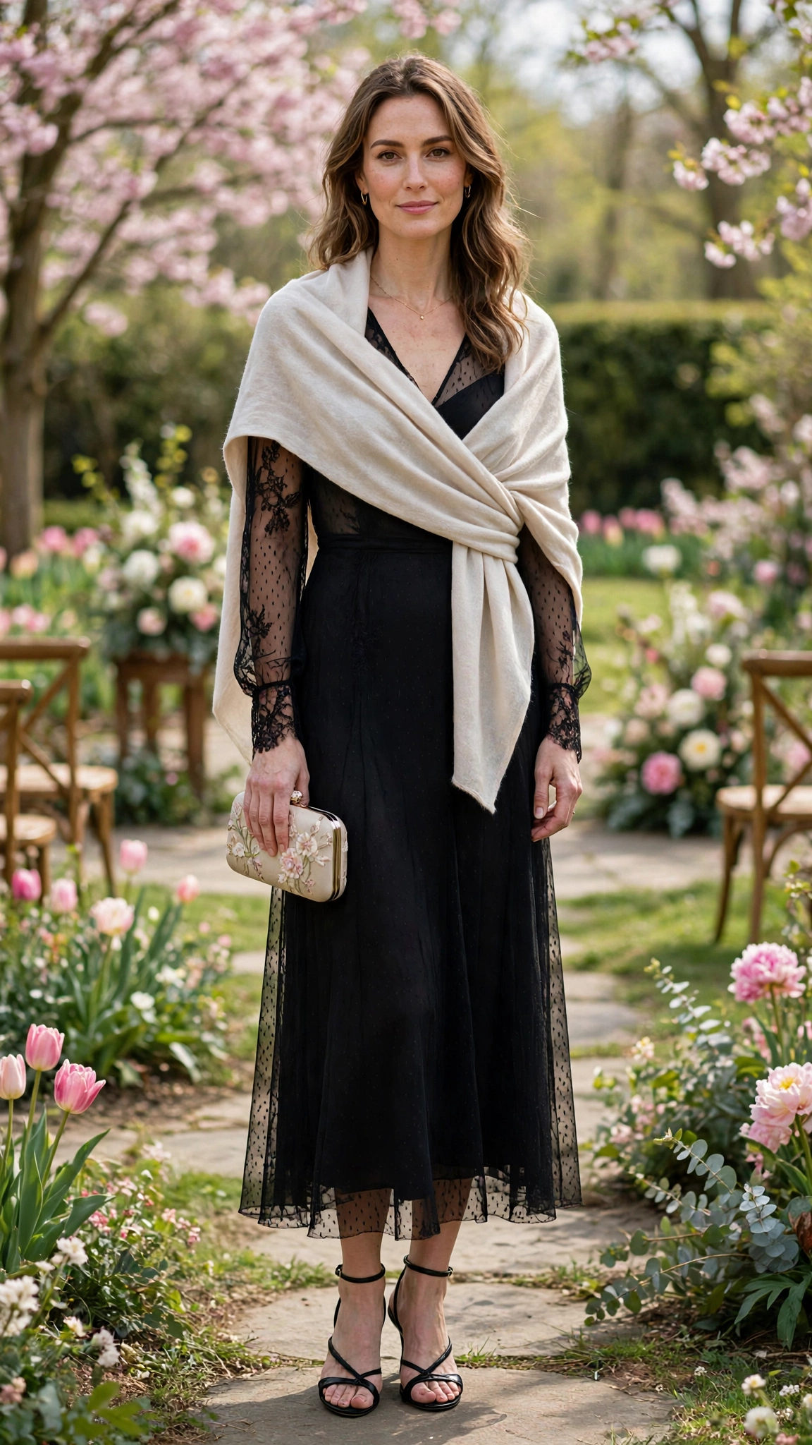 Black sheer sleeve dress with a light wrap