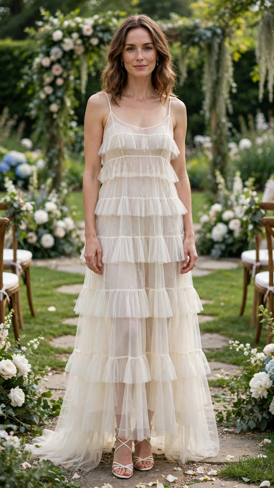 Ivory sheer tiered dress with strappy heels