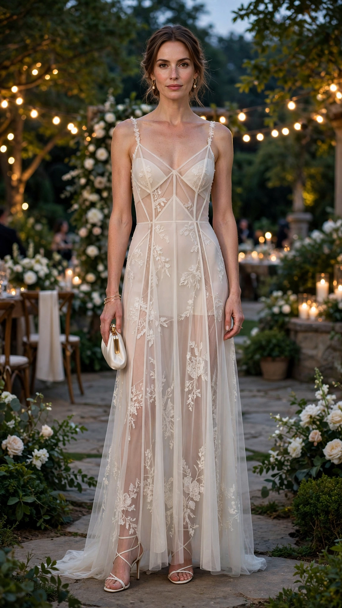 Ivory sheer panel dress with strappy heels
