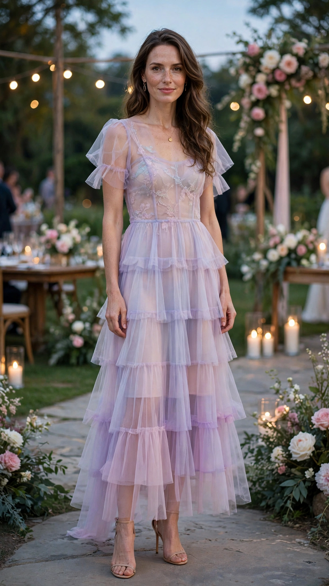 Pastel sheer tiered dress with nude heels