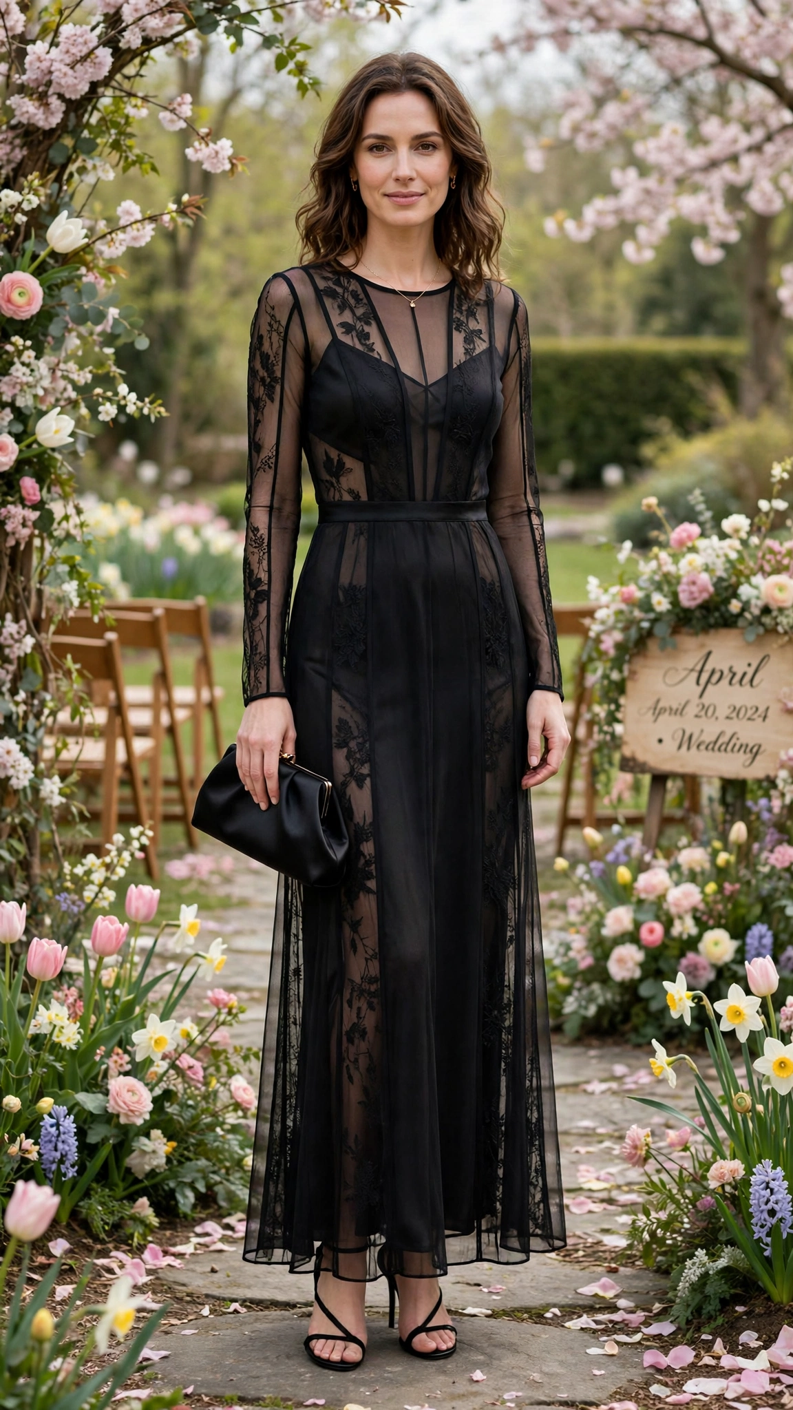 Black sheer panel dress with a satin clutch