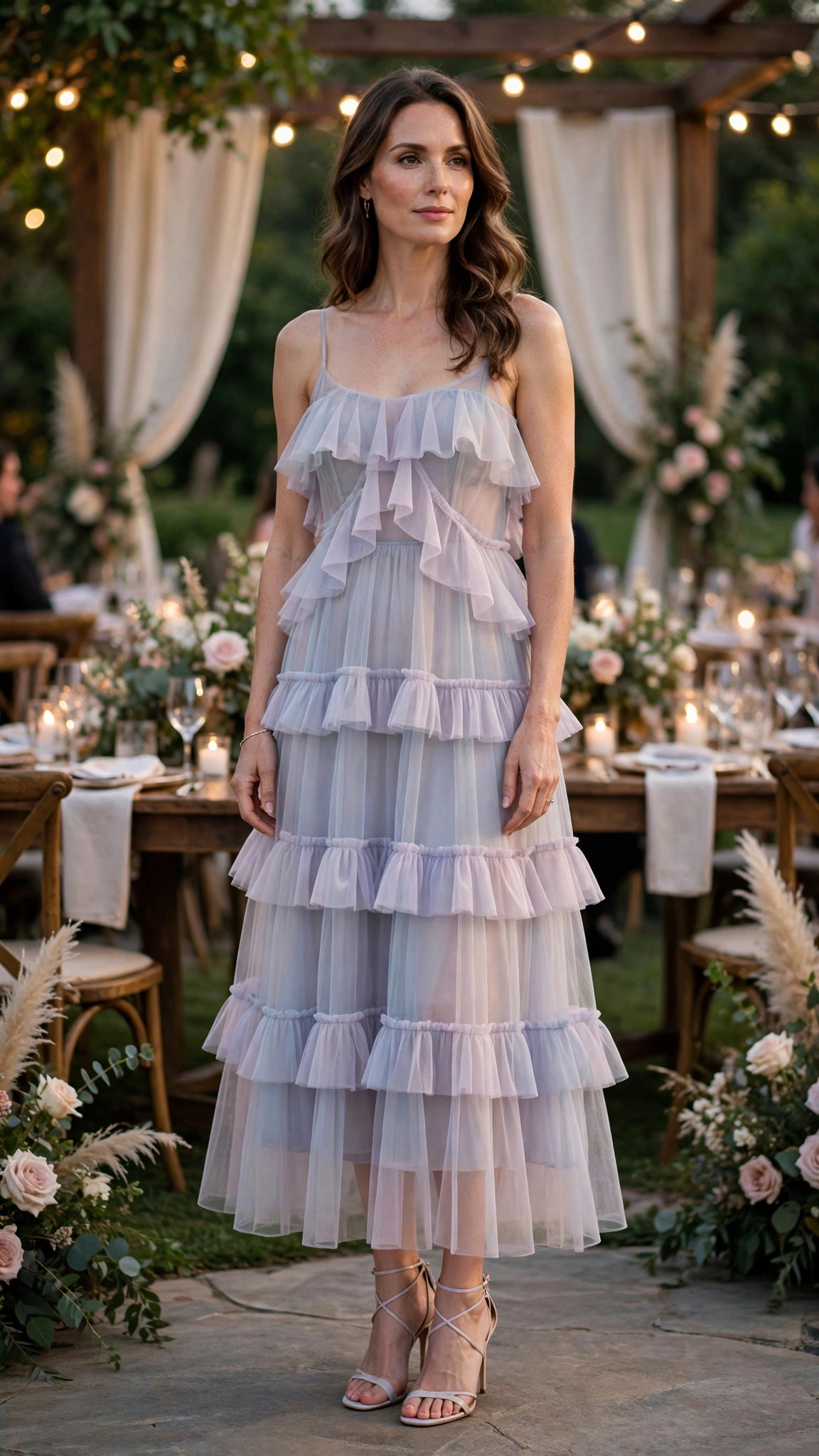 Pastel sheer tiered dress with strappy heels