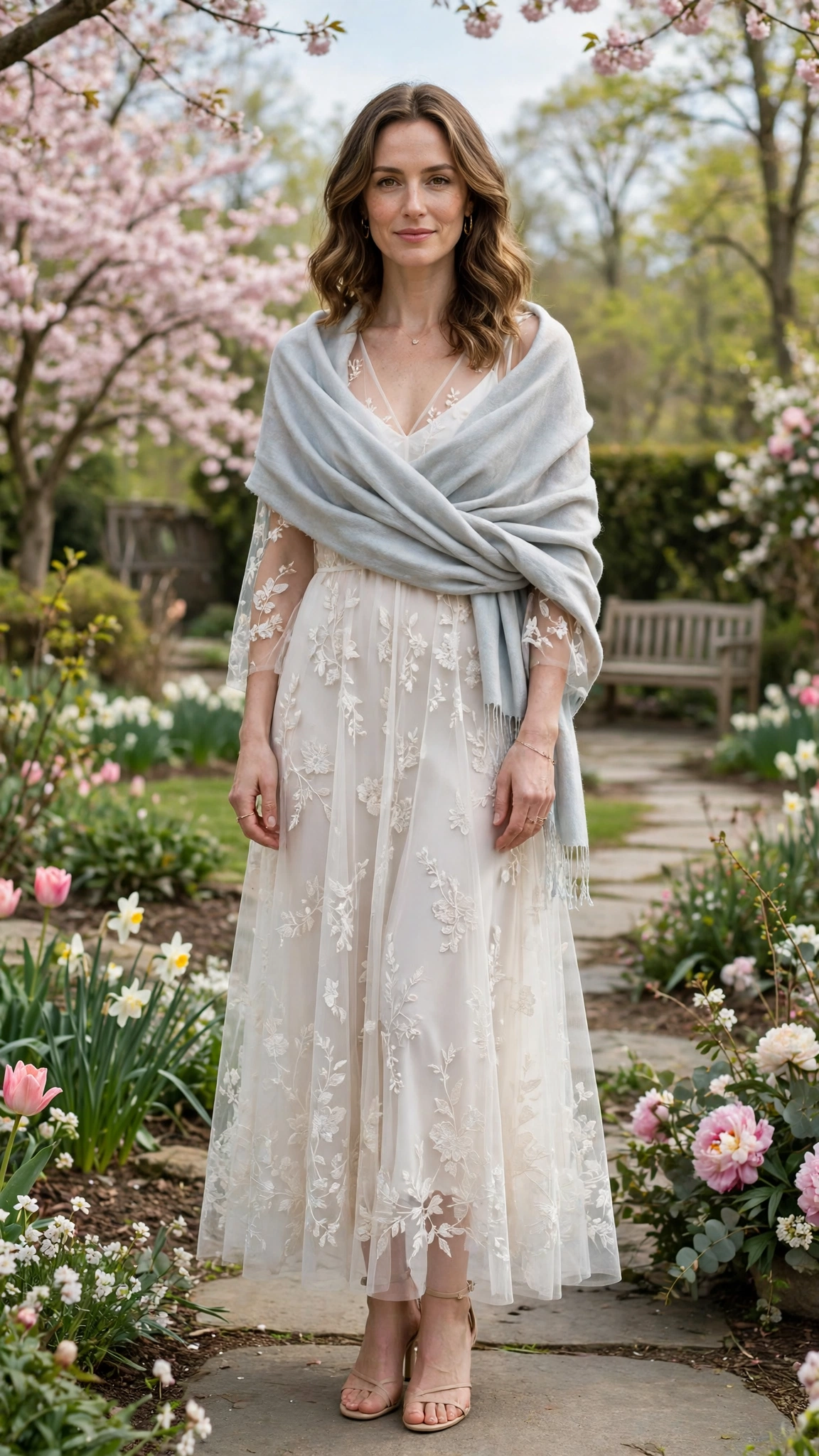 White sheer overlay dress with a light wrap