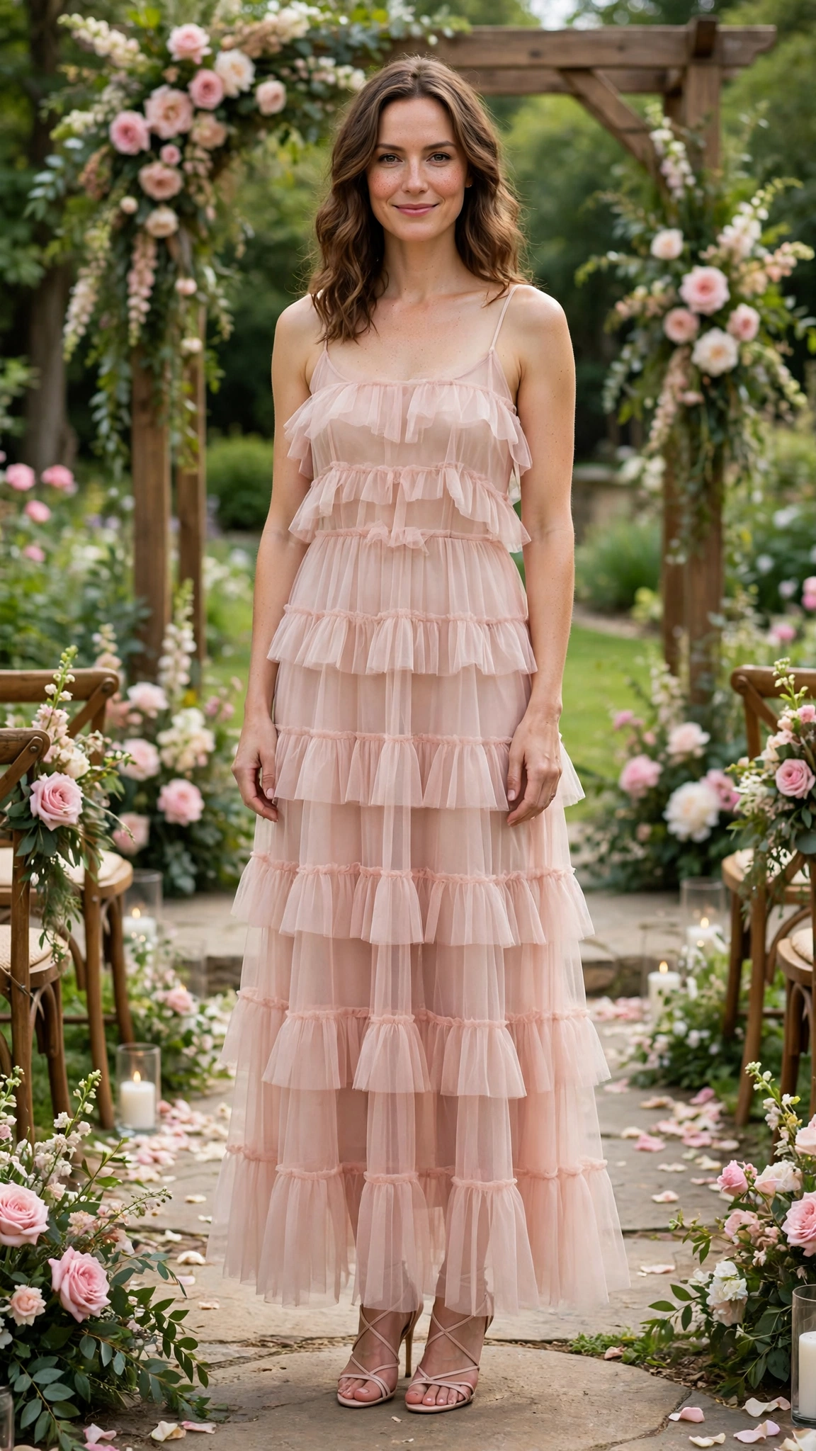 Blush sheer tiered dress with strappy heels
