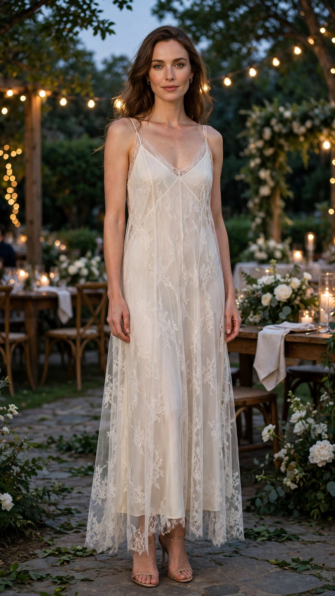 Ivory sheer slip dress with an overlay and nude heels