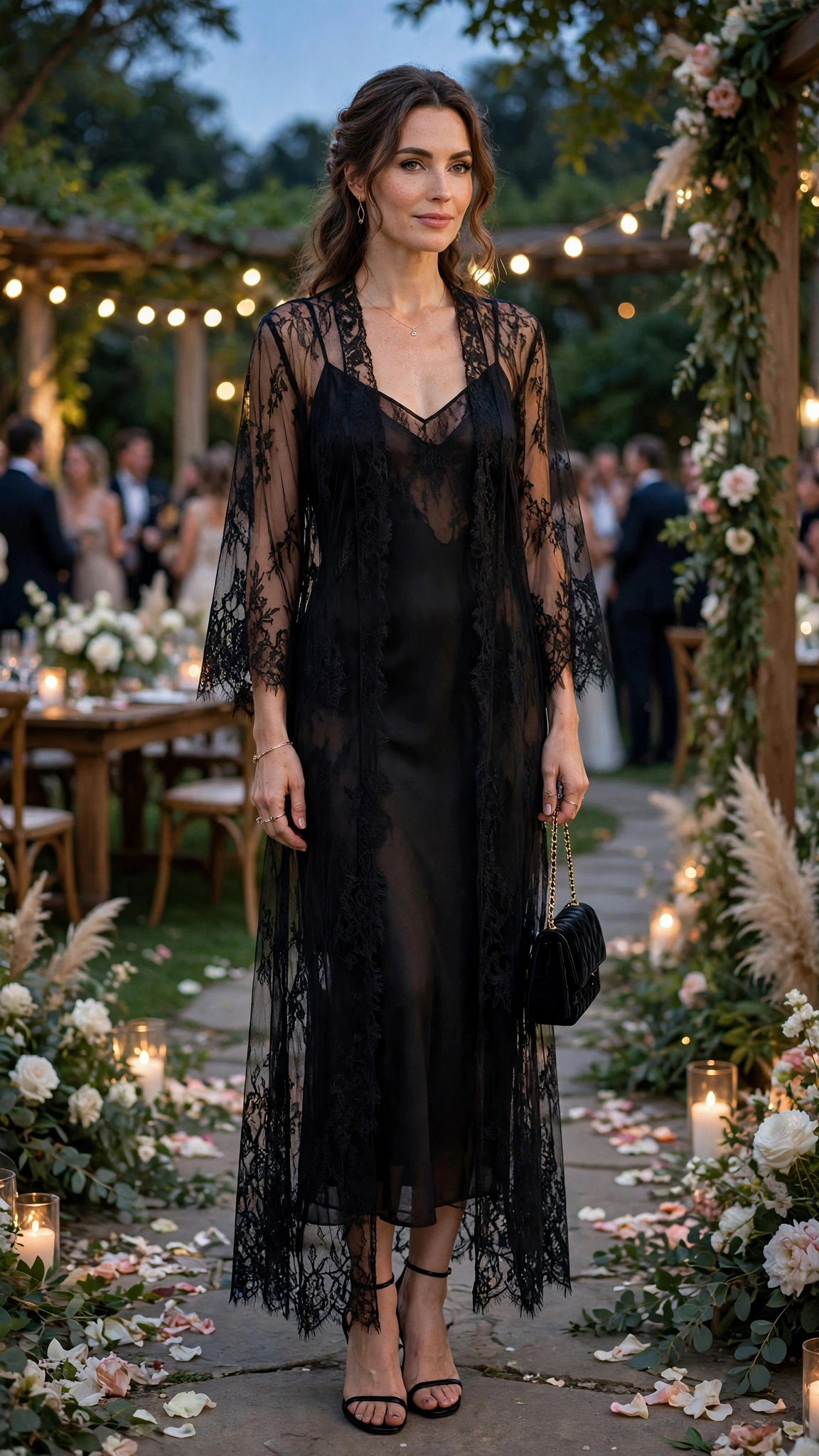 Black sheer slip dress with an overlay and a small evening bag