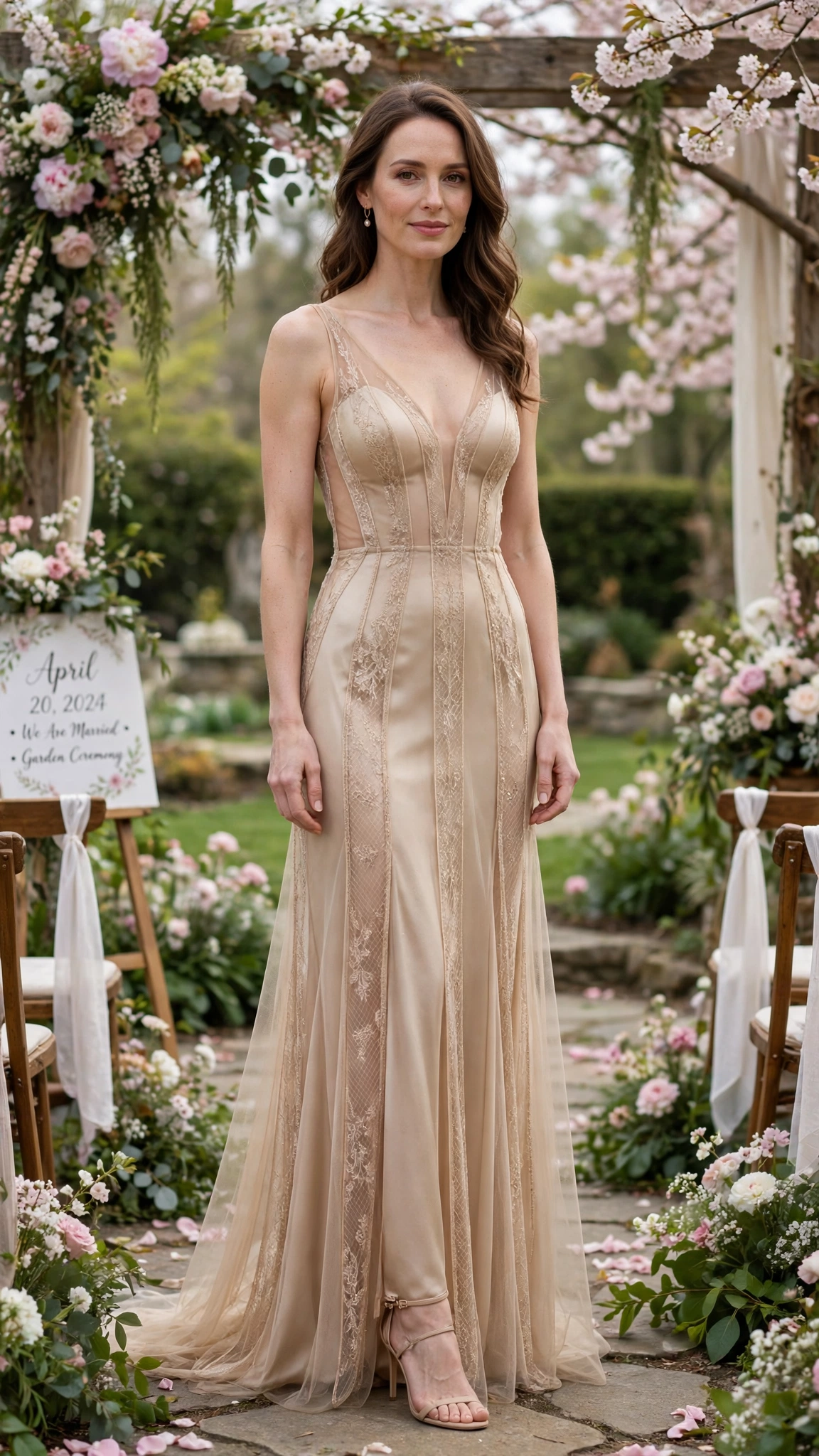 Champagne sheer panel dress with nude heels