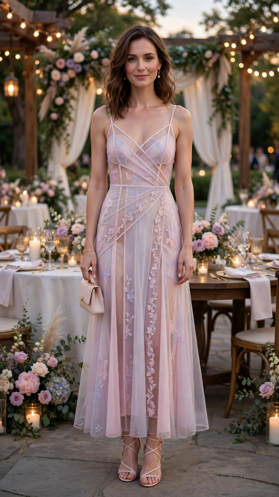 Pastel sheer panel dress with strappy heels