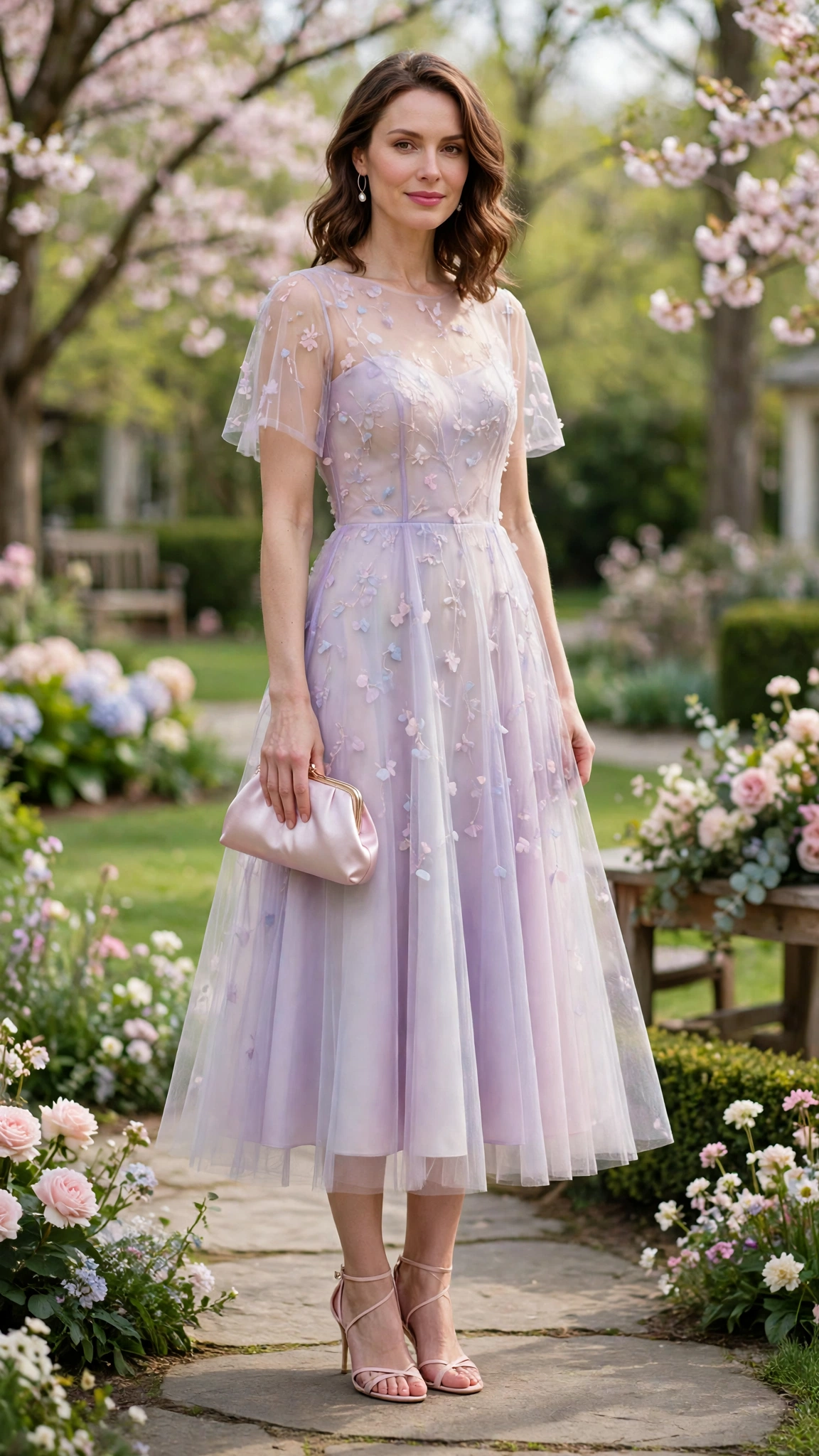 Pastel sheer A-line dress with a satin clutch