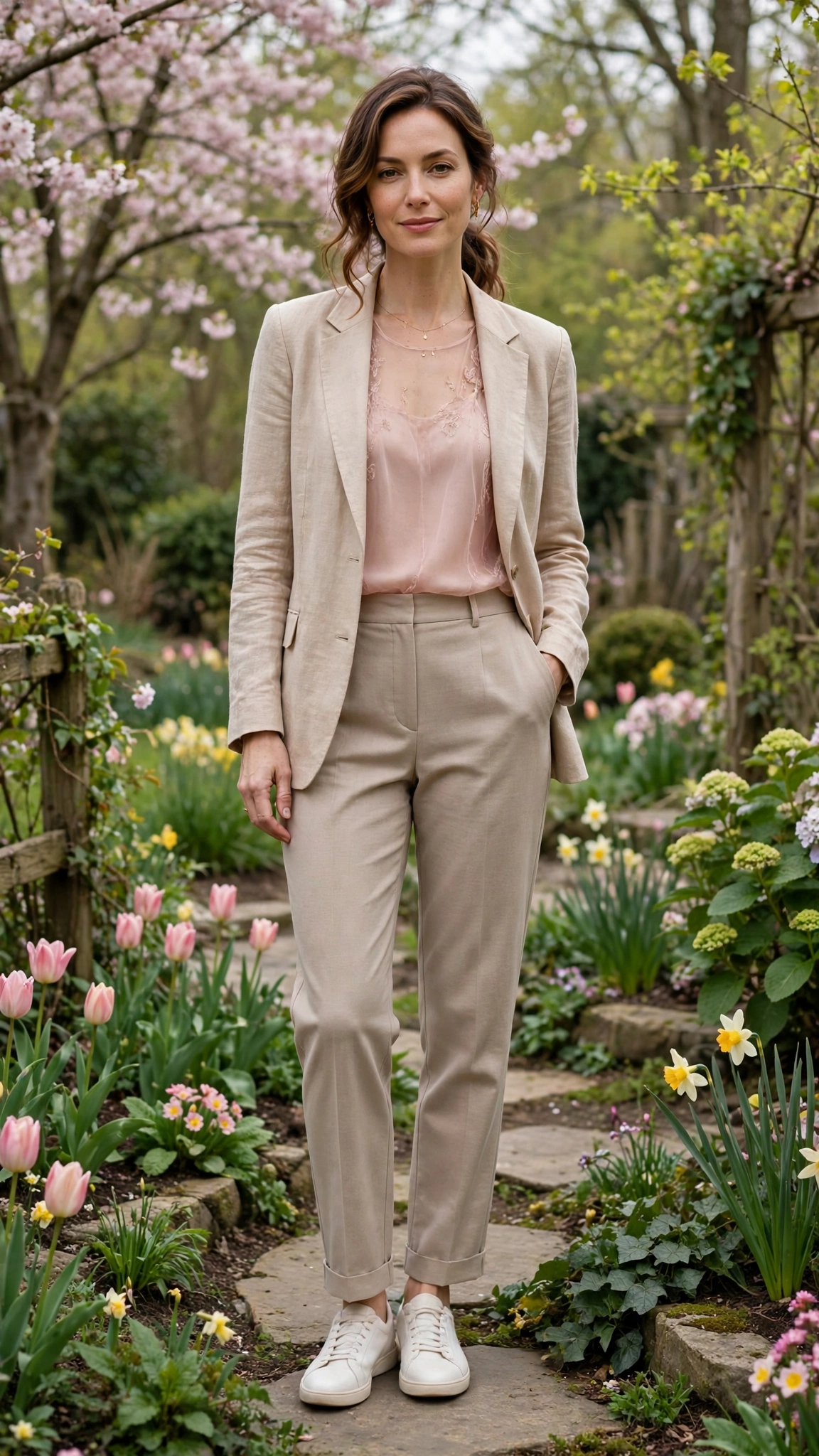 Blush sheer top and straight trousers with a light blazer