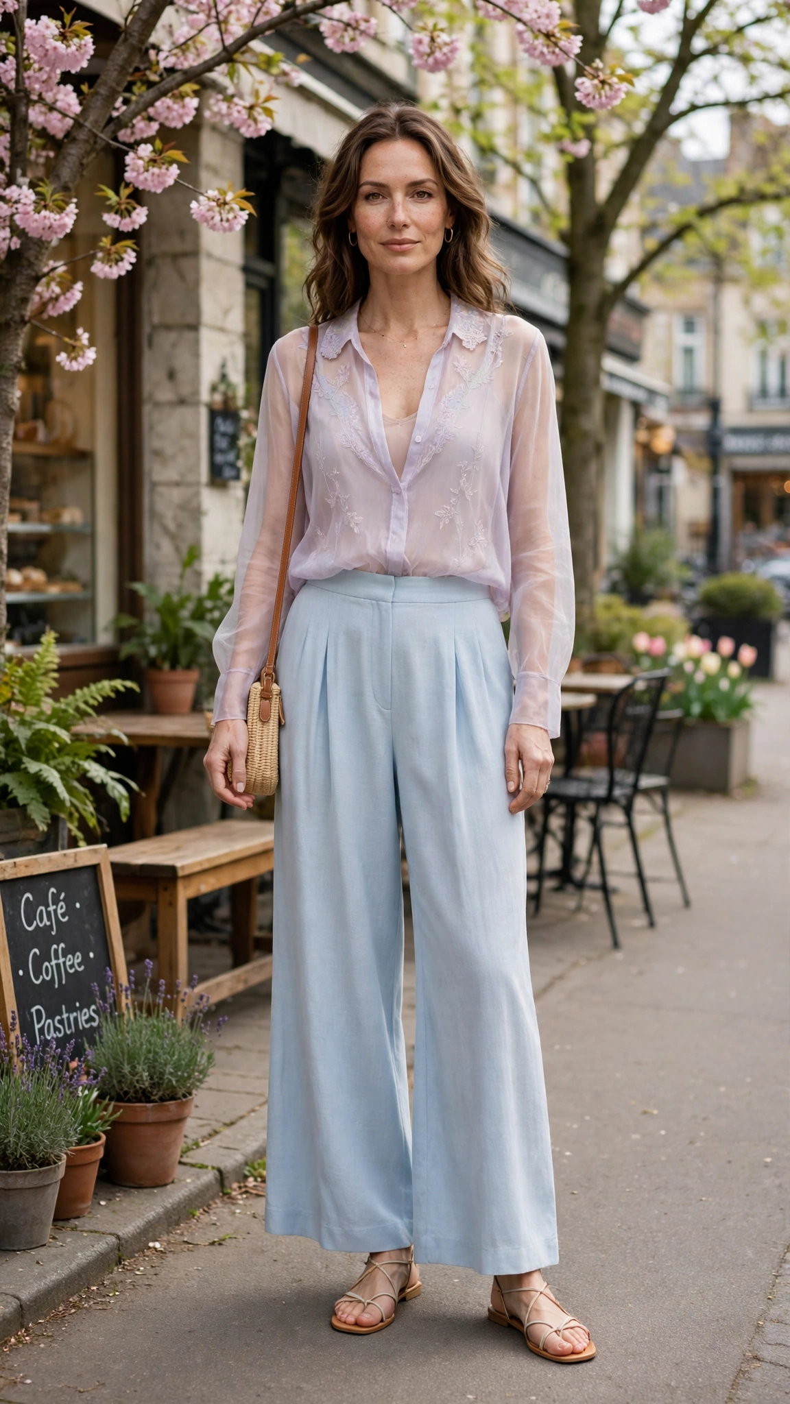 Pastel sheer top and palazzo trousers with strappy flats
