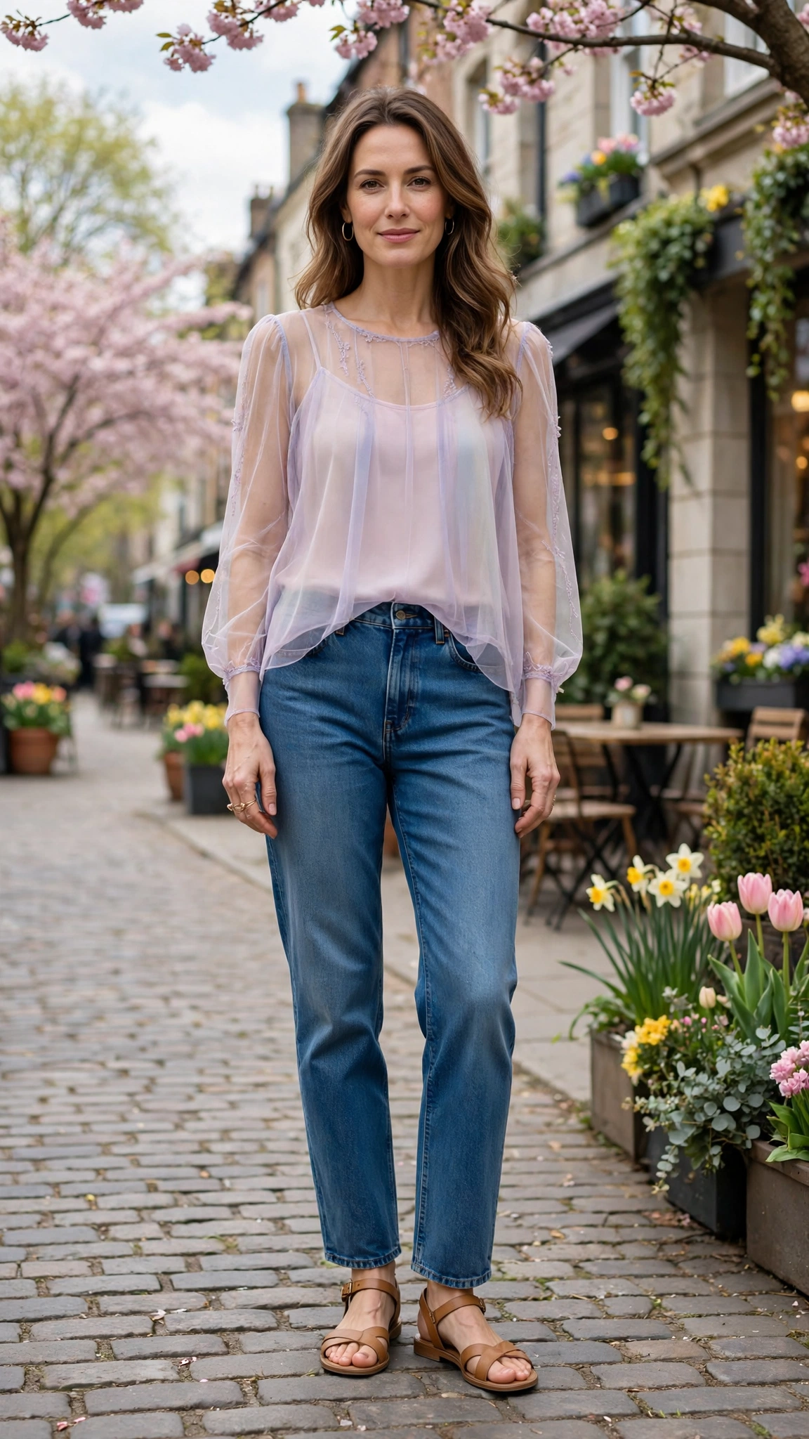 Pastel sheer top and jeans with tan sandals