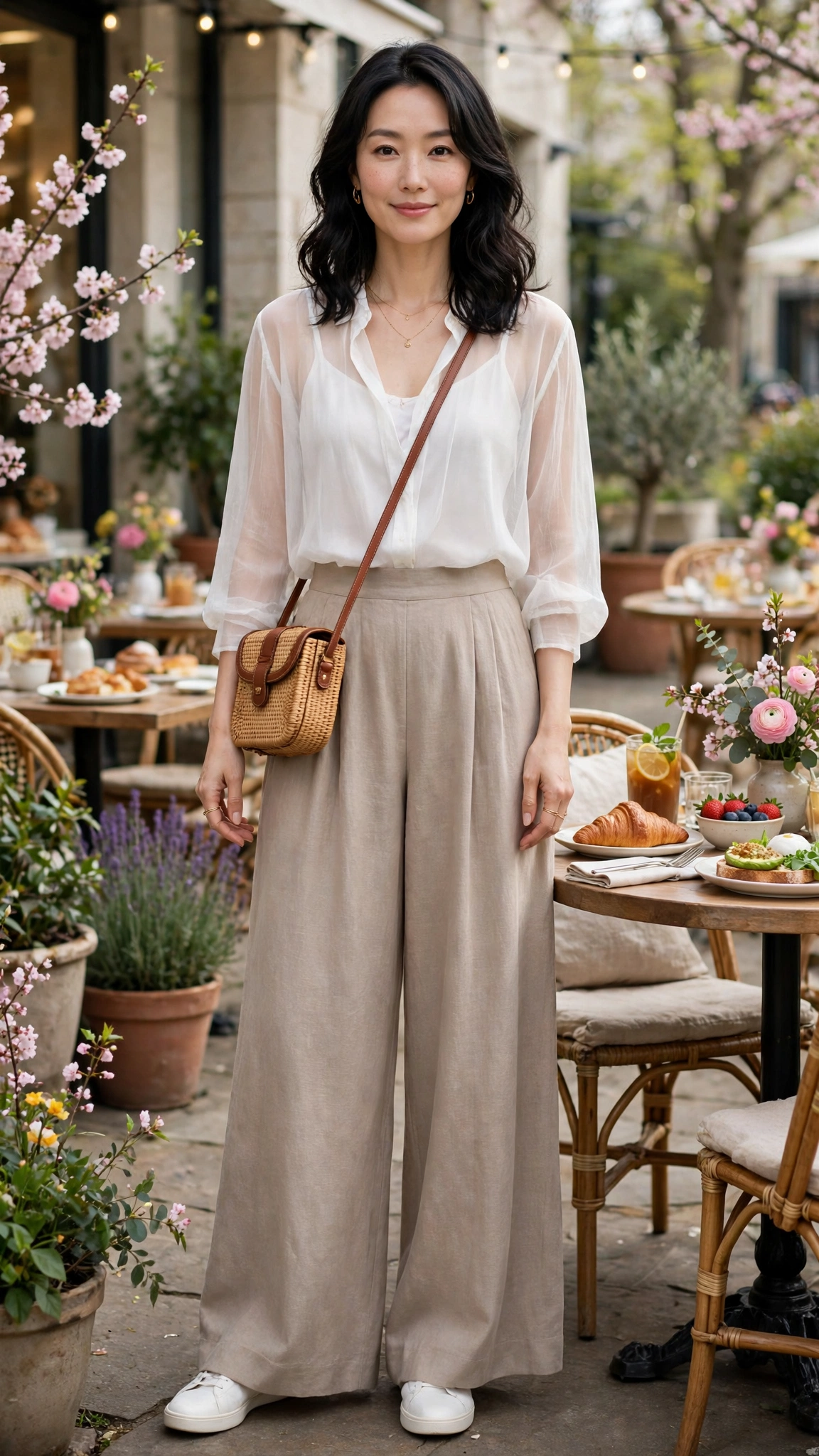 White sheer top and palazzo trousers with a crossbody bag