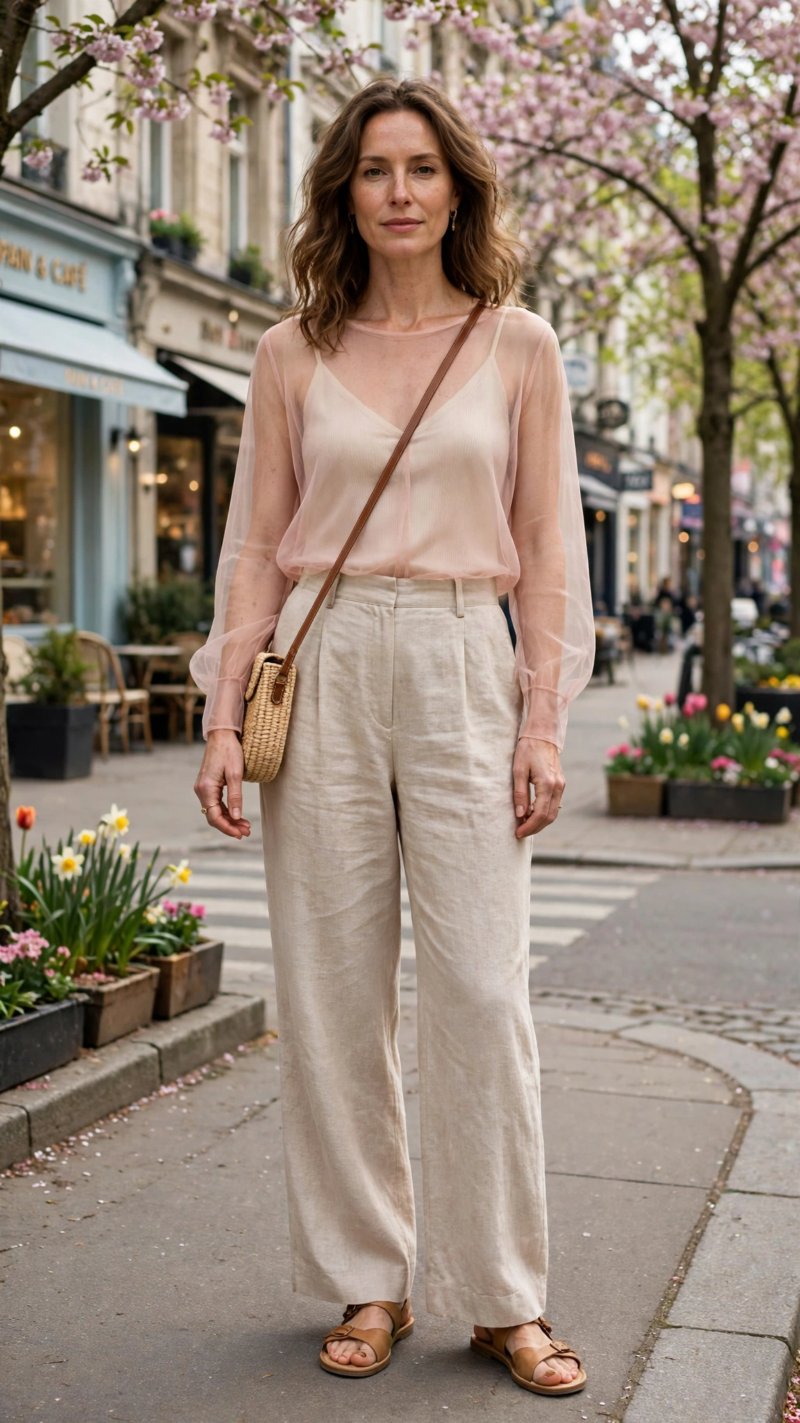 Blush sheer top and linen trousers with a camisole underneath
