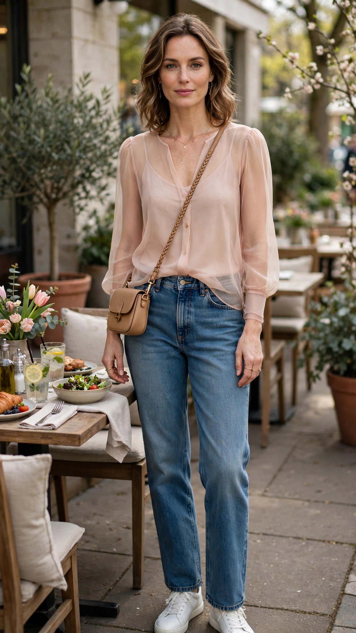 Blush sheer top and jeans with a crossbody bag