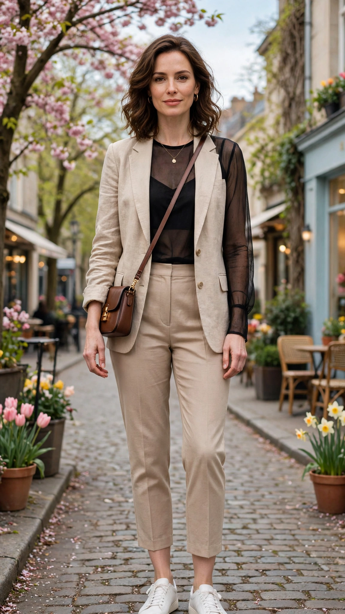 Black sheer top and cropped trousers with a light blazer