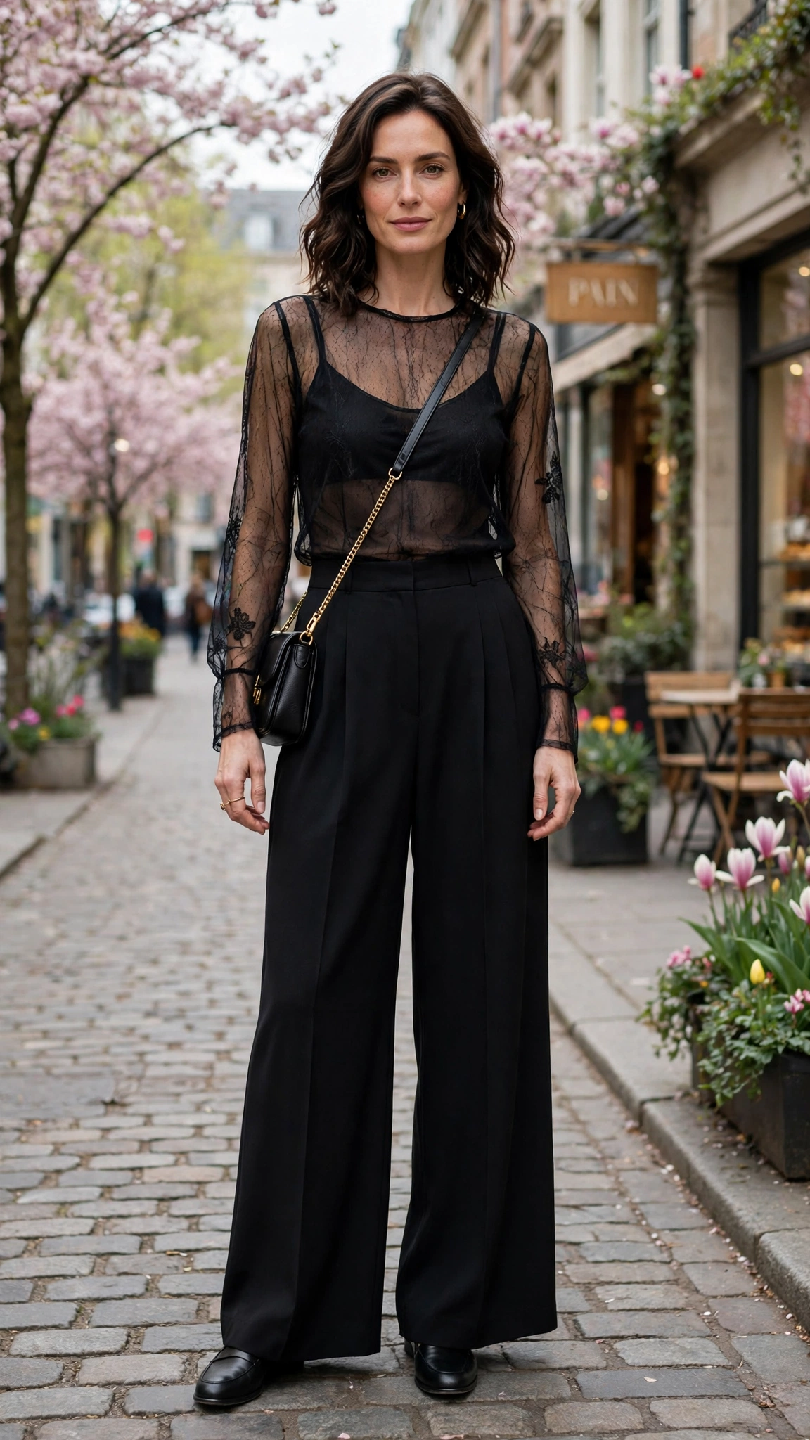 Black sheer top and wide-leg trousers with a crossbody bag