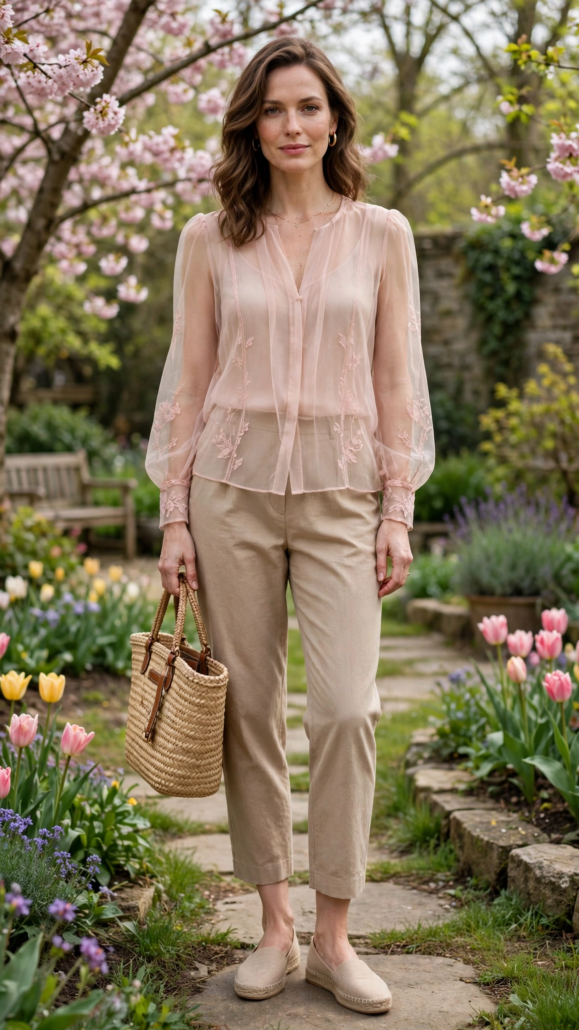 Blush sheer top and cropped trousers with a woven tote