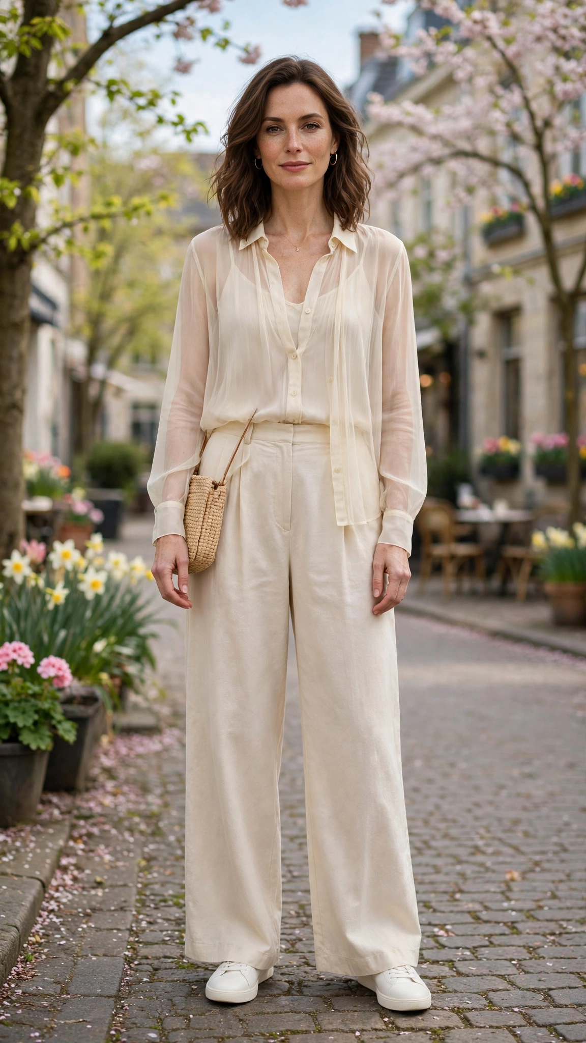 Cream sheer top and wide-leg trousers with gold hoop earrings